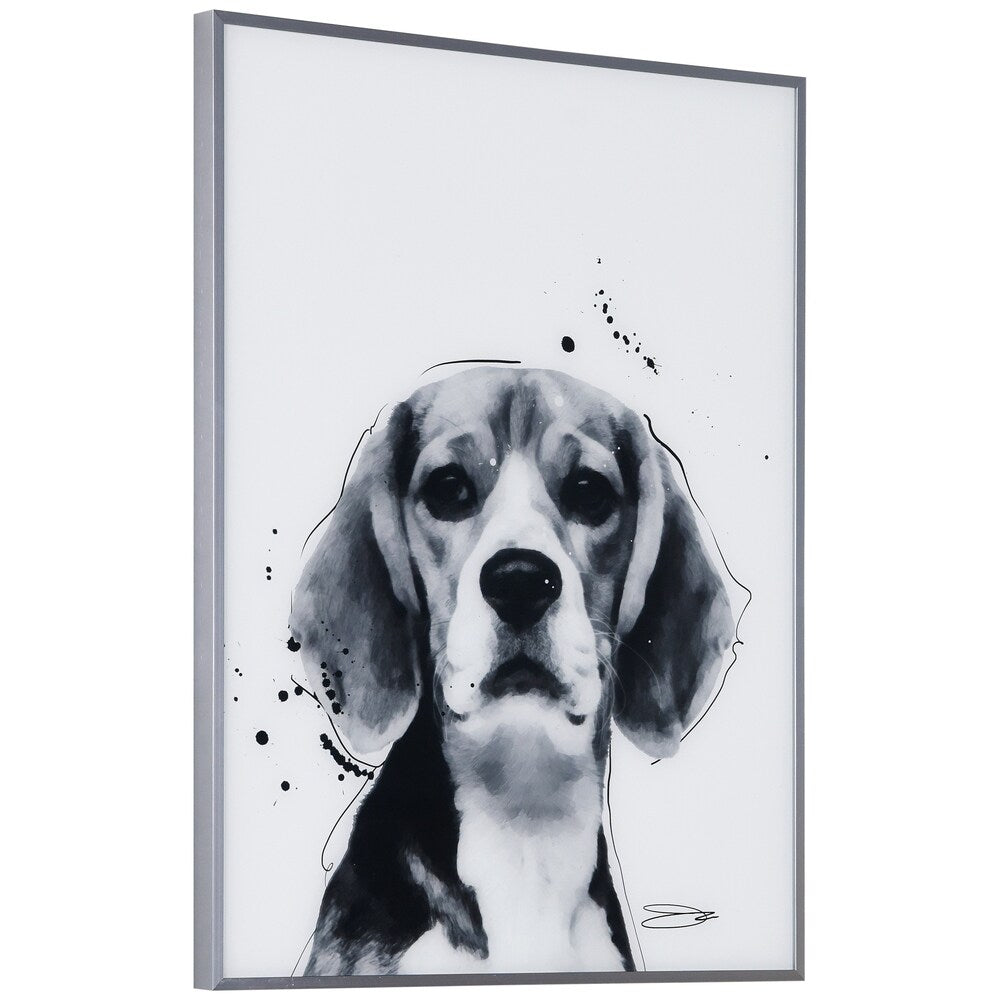 Beagle Black and White Dog Wall Art - Reverse Printed Glass with Gunmetal Anodized Frame - Perfect for Living Room, Bedroom, or Office Decor