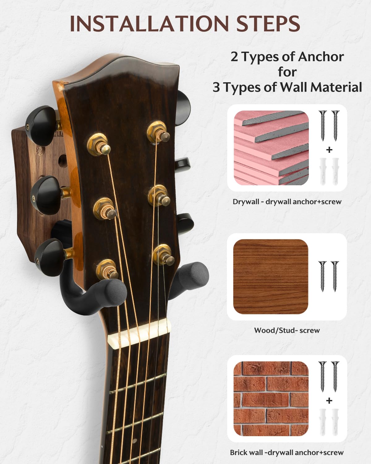 Premium STRICH Guitar Wall Mount - Walnut Base U-Shaped Hanger with Screws for Acoustic/Electric/Classical Guitars, Bass & Banjo (1-Pack) - Space-Saving Instrument Storage for Home Studios & Music Rooms