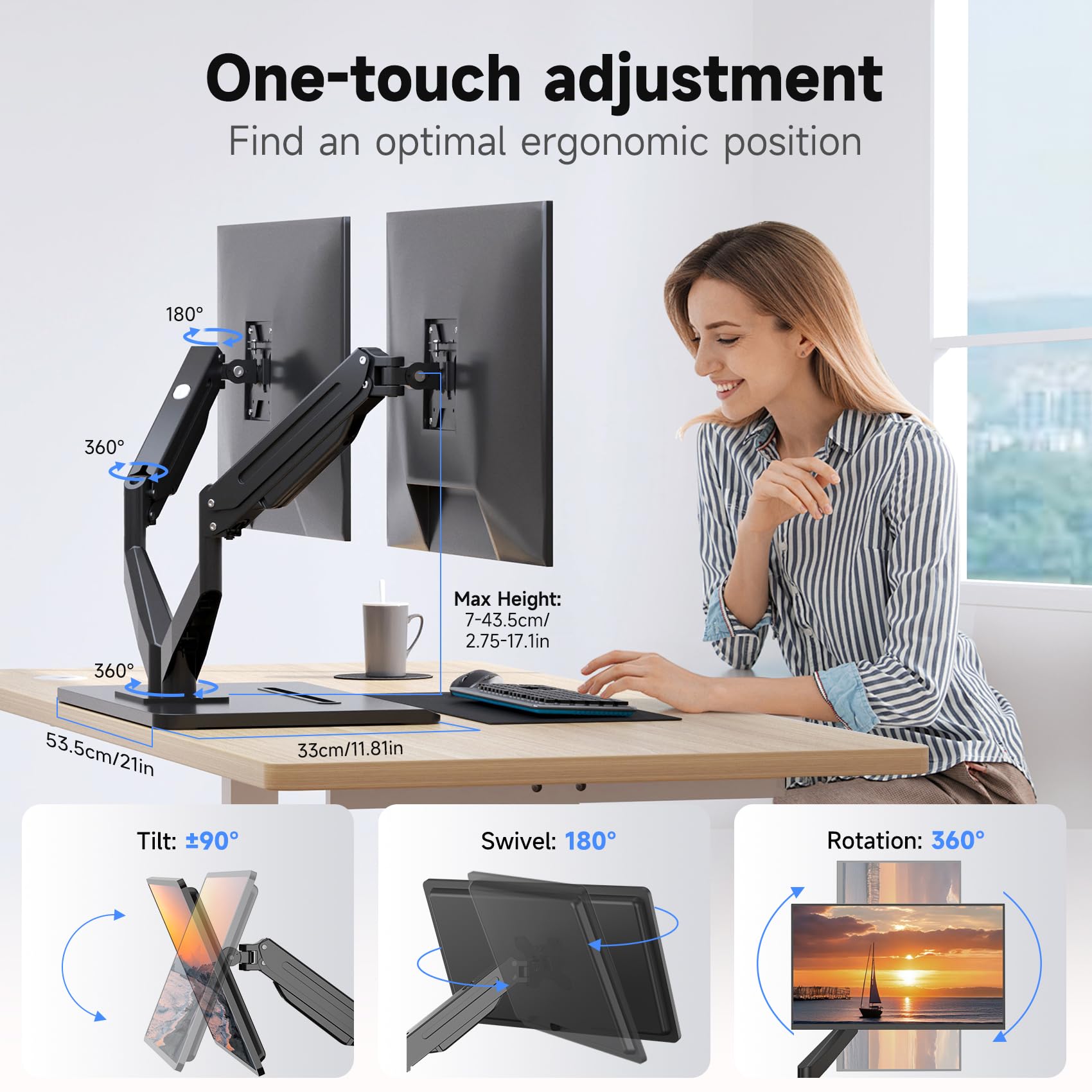 Suptek Dual Monitor Stand with Gas Spring Arm - Adjustable Free Standing Desk Mount for 17-32 Inch Screens (Up to 22 lbs) - Black (ML8SP) - Perfect for Home Office, Gaming Setup & Workspace Ergonomics