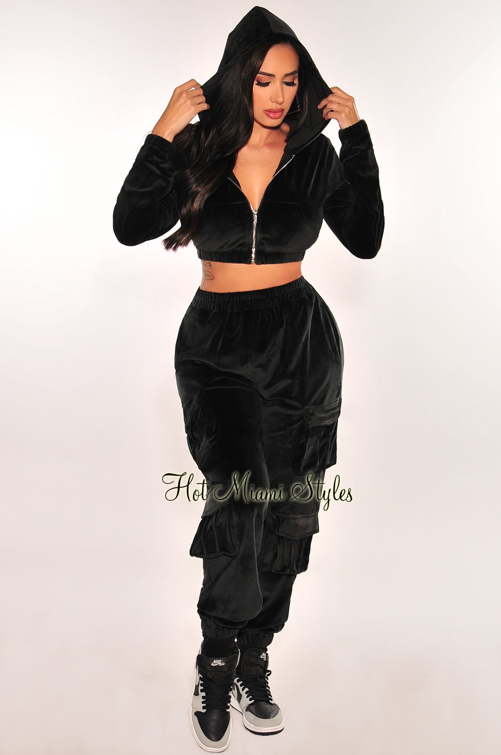 Black Velour Long Sleeve Zip Up Hooded Cargo Joggers Two Piece Set - Women's Cozy Lounge Outfit for Home, Gym & Casual Wear