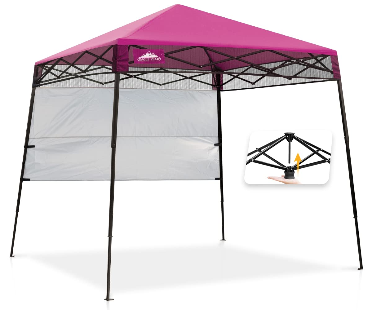 EAGLE PEAK 8x8 Pop Up Canopy Tent with Sidewall - Compact & Portable Instant Sun Shelter for Beach, Sports, Camping, Picnics, Backyard Parties - Slant Leg Design (8x8 Base, 6x6 Top) - Pink