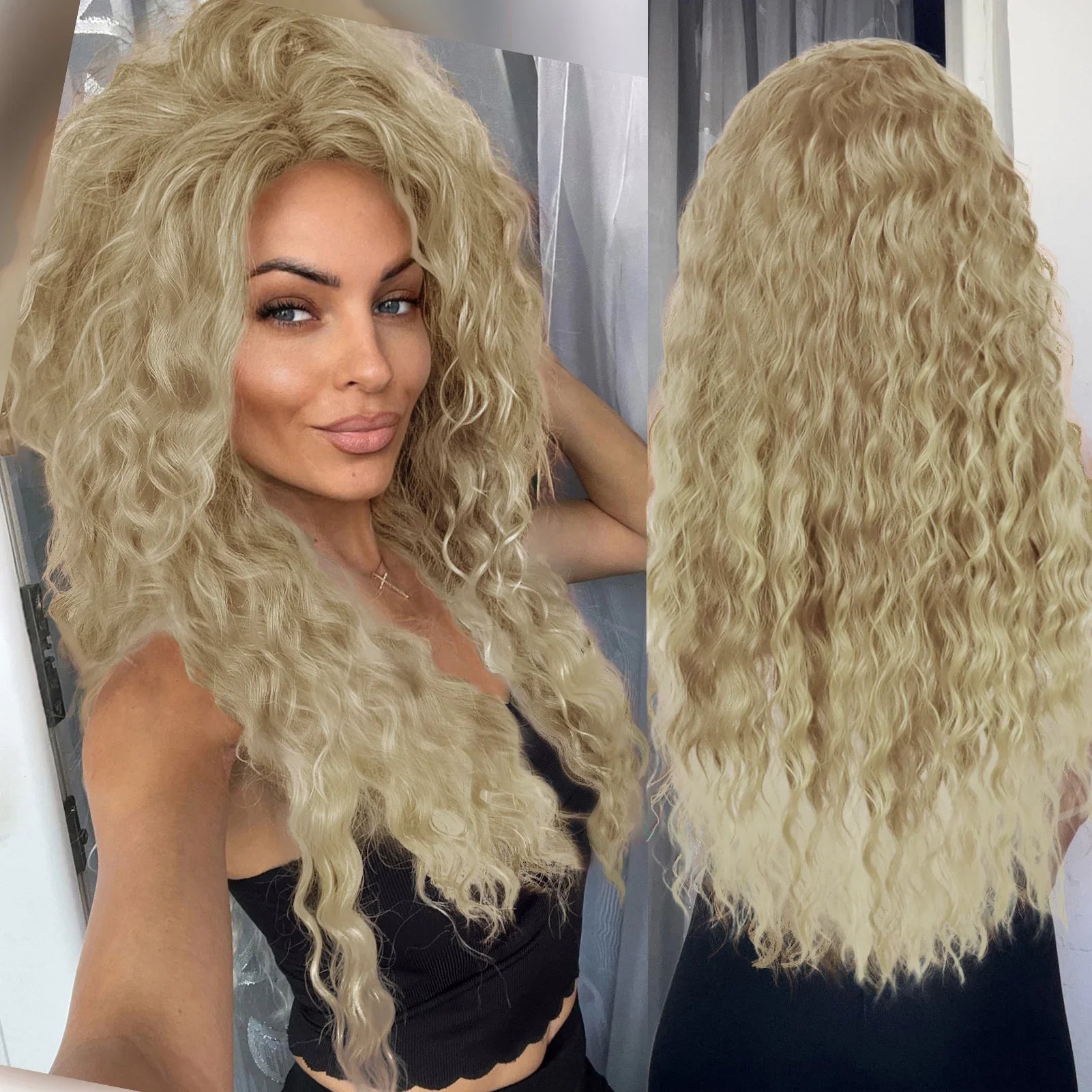 Ash Blonde Synthetic Long Curly Wig for Women - Fluffy Ombre Wave Hairstyle | Perfect for Costume Parties, Carnival, Cosplay & Daily Fashion