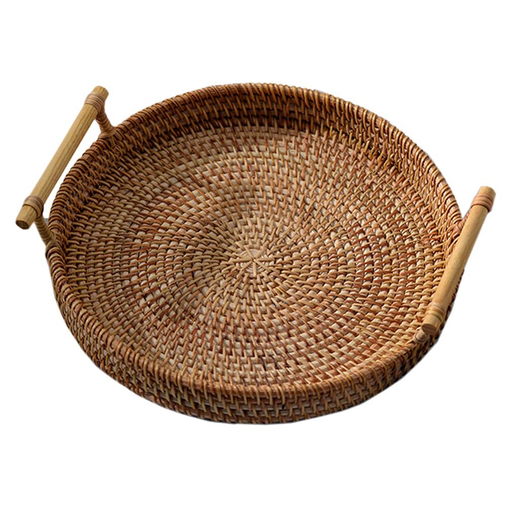 WINOMO Round Rattan Serving Tray with Handles - Vintage Style Bread Basket for Breakfast, Coffee, Tea, Snacks | Decorative Storage Tray for Dinner Parties, Home Decor, Kitchen & Dining Room Organization