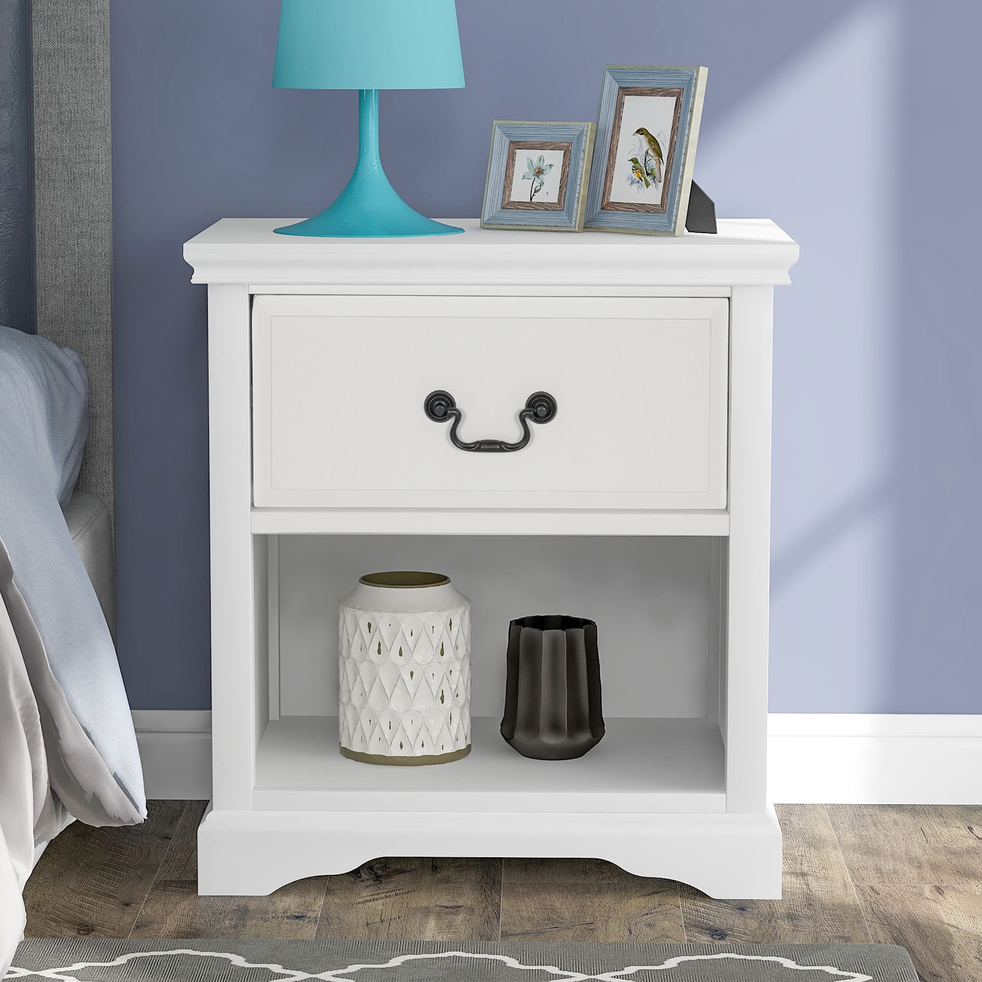 Modern White Wooden Nightstand with Storage Drawer - Solid Wood Bedside Table, End Table & Coffee Table for Living Room, Bedroom, Office - Traditional Design Home Furniture