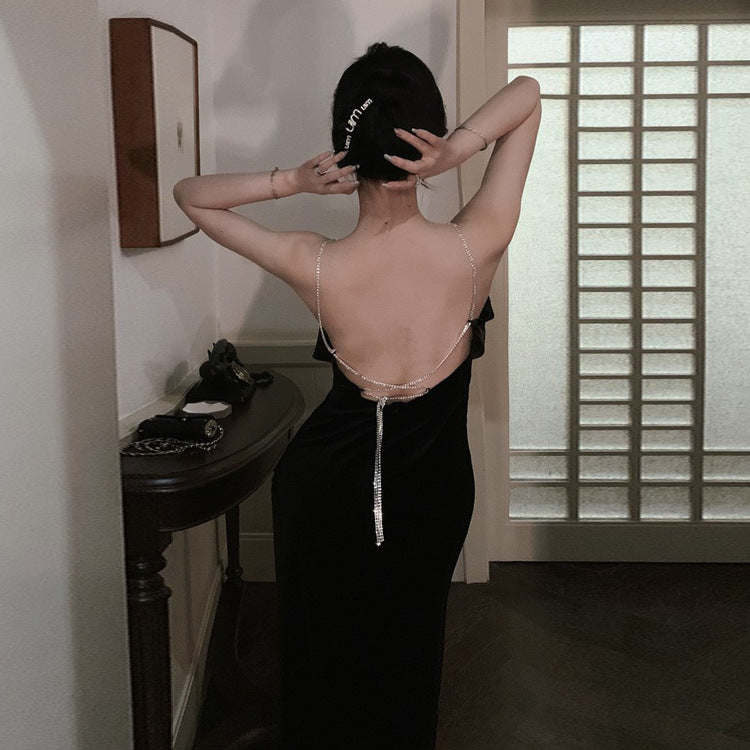 Sexy Black Backless Spaghetti Strap Dress with High Slits - Elegant French Evening Gown for Date Night, Party & Special Occasions