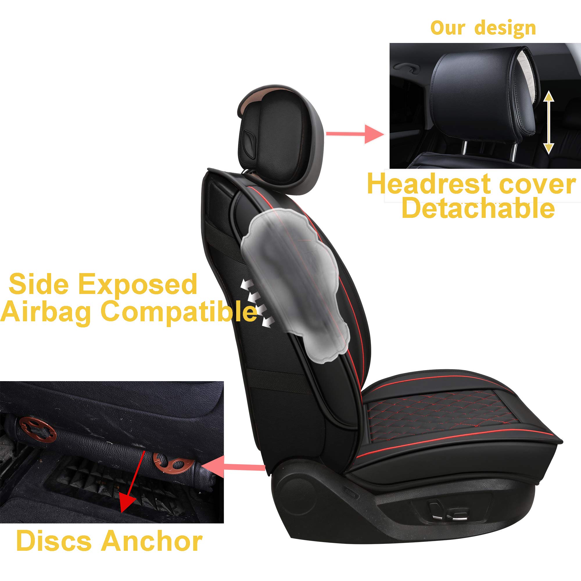 Easy to Clean Synthetic Leather Car Seat Cushions - Universal Fit Car Seat Cover for Toyota Corolla, Chevy Cruze, Subaru Legacy, Chevy Malibu, Nissan Maxima, Toyota Tacoma (Black with Red Stitching, Full Set) | Waterproof & Comfortable for Daily Commute, Road Trips & Long Drives