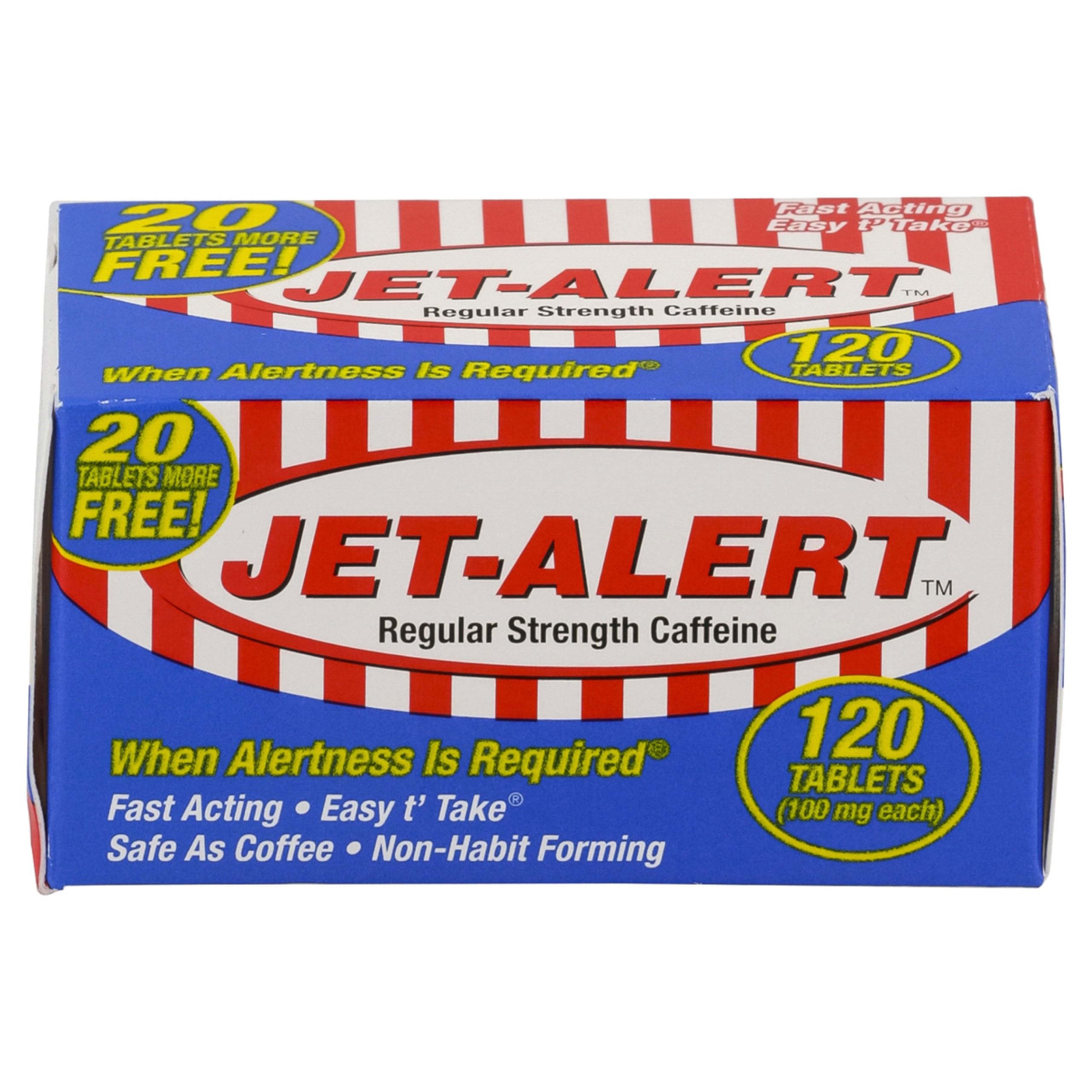 Jet Alert Regular Strength 100mg Caffeine Tablets - 120 Count Bottle (Case of 36) | Stay Alert & Focused for Work, Study & Long Drives