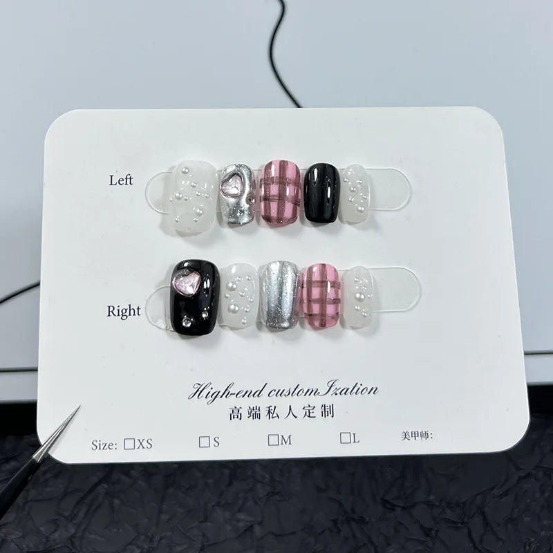 10Pcs Black Pink Cat Eye Checkered Press on Nails - Shimmery Heart Gel False Nails with Glue - Handmade Acrylic Nail Tips for Parties, Weddings & Special Occasions