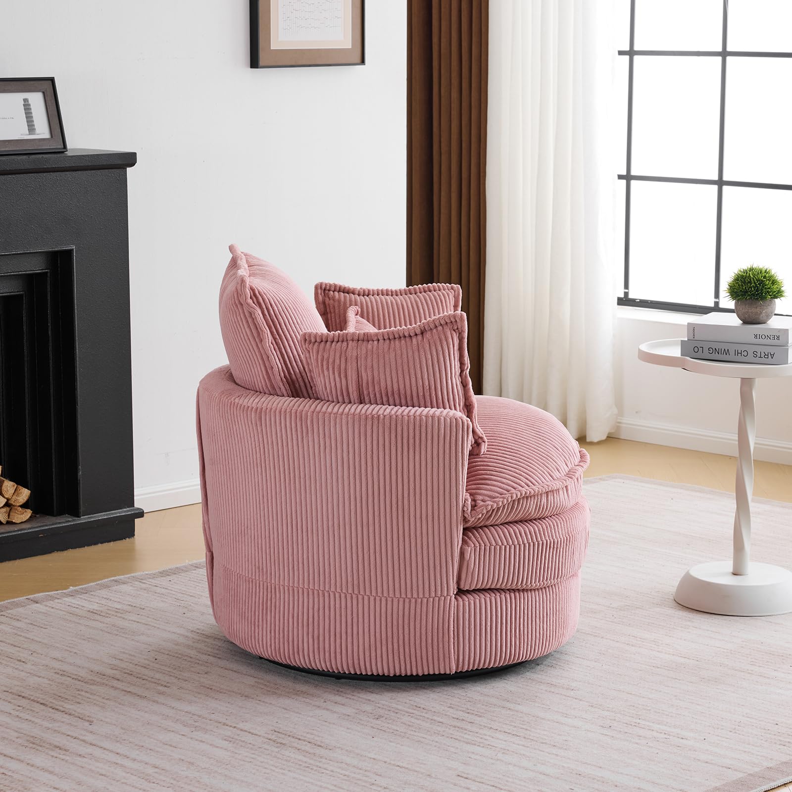 Karl Home 360-Degree Swivel Barrel Chair - Modern Corduroy Lounge Armchair with 3 Pillows, Comfortable Round Accent Sofa for Living Room, Bedroom, Hotel | Perfect for Small Spaces, Reading Nooks & Cozy Corners (Pink)