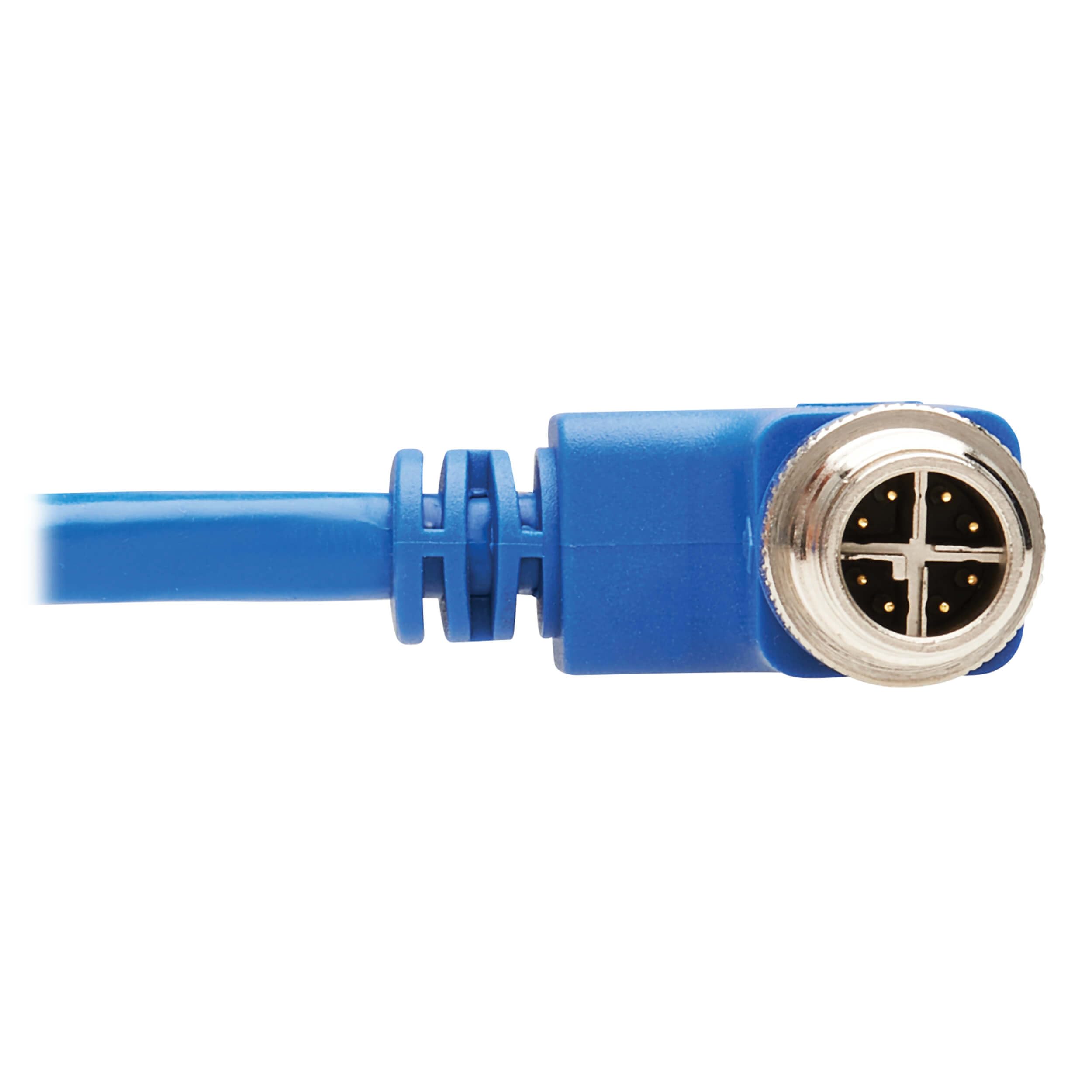 Tripp Lite M12 X-Code Right-Angle Cat6 Ethernet Cable (Male to Male) - 10M/32.8ft Blue - 1Gbps UTP, UL CMR-LP Certified, 60W PoE, Heavy-Duty IP68 Rated - Perfect for Industrial Networks, Outdoor Installations & Harsh Environments