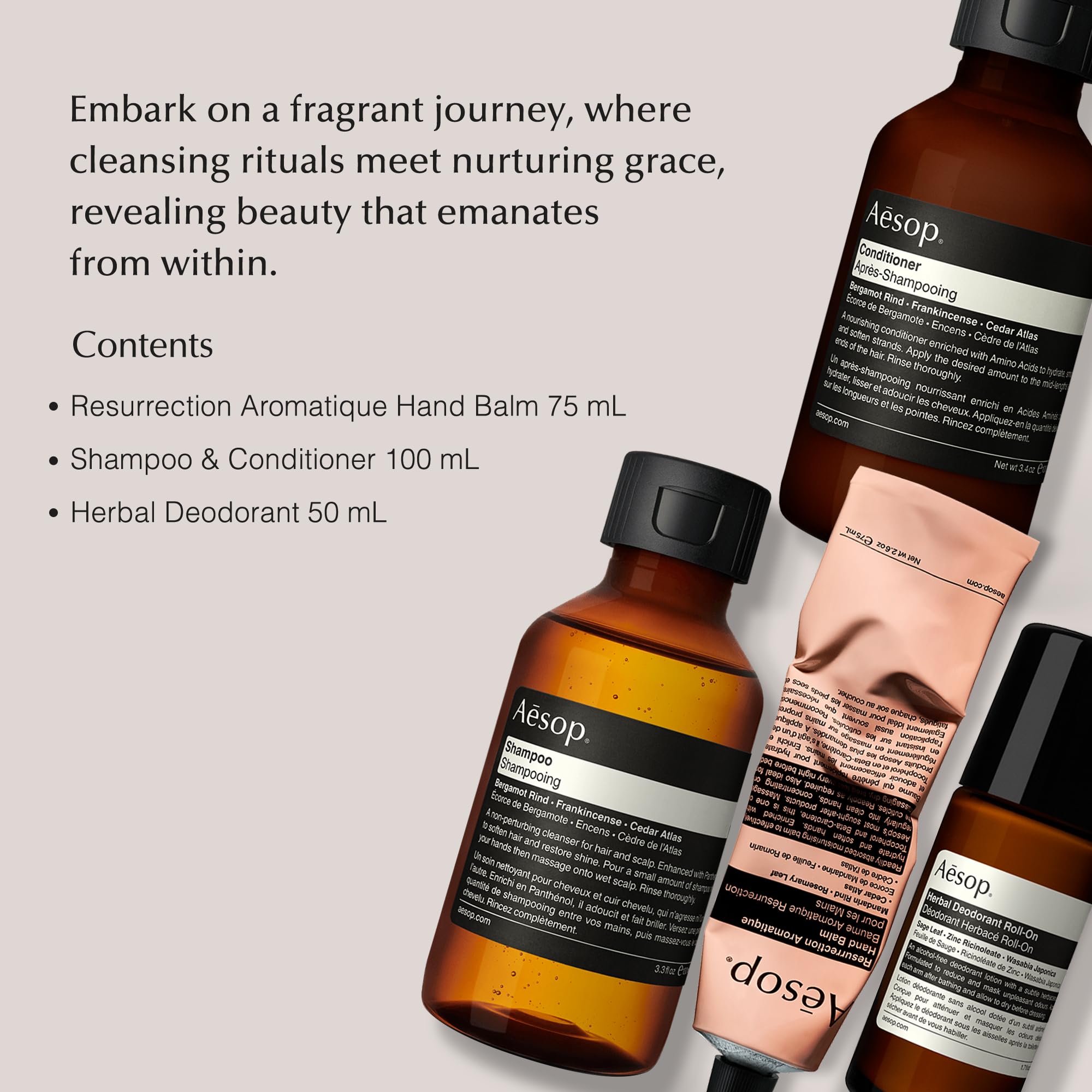 Aesop Travel Essential Kit - Shampoo (3.3 Oz), Conditioner (3.3 Oz), Resurrection Hand Balm (2.5 Oz) & Deodorant Roll-on (1.7 Oz) | Paraben-Free, Cruelty-Free, Vegan Skincare Set | Perfect for Travel, Gym & On-The-Go Self Care