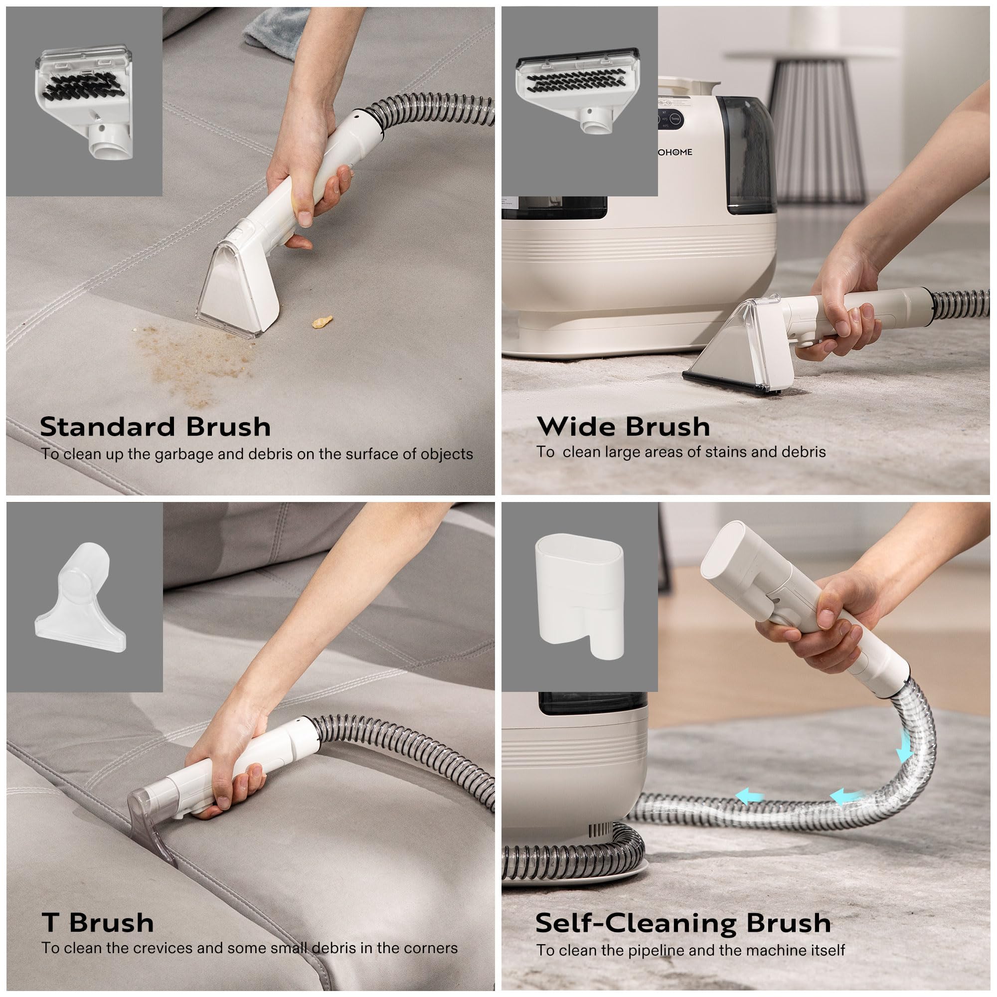 VIVOHOME Portable Carpet Cleaner Machine - 15s Fast Heating, 14Kpa Strong Suction, 4 Detachable Brush Heads for Pets, Upholstery, Couch & Car Seats - Self-Cleaning Spot Cleaner for Home, Office & Travel Use