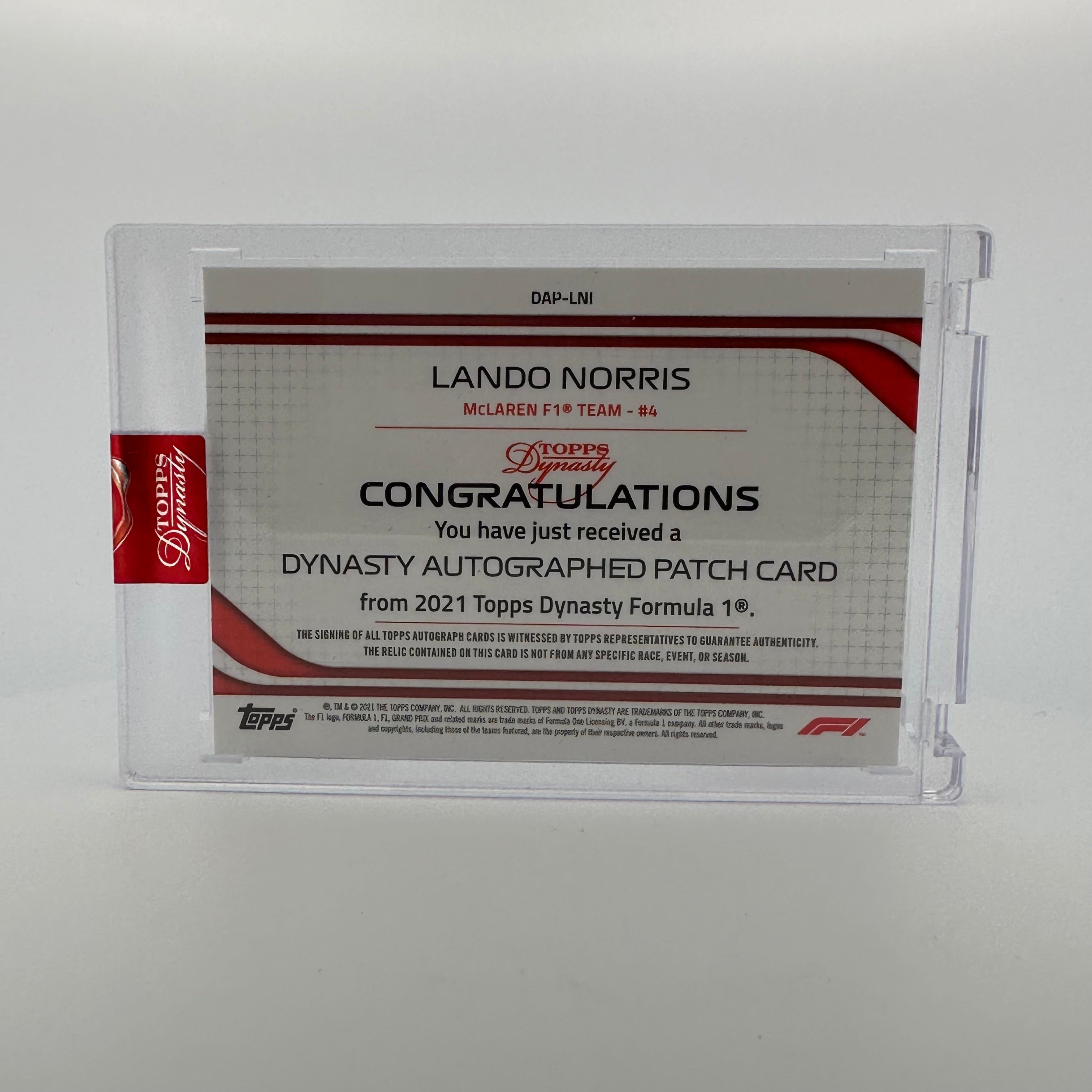 2021 Lando Norris Dynasty Autograph Patch #DAP-LNI - Limited Edition 3/5 Red - Perfect for F1 Memorabilia Collectors and Motorsport Fans Display