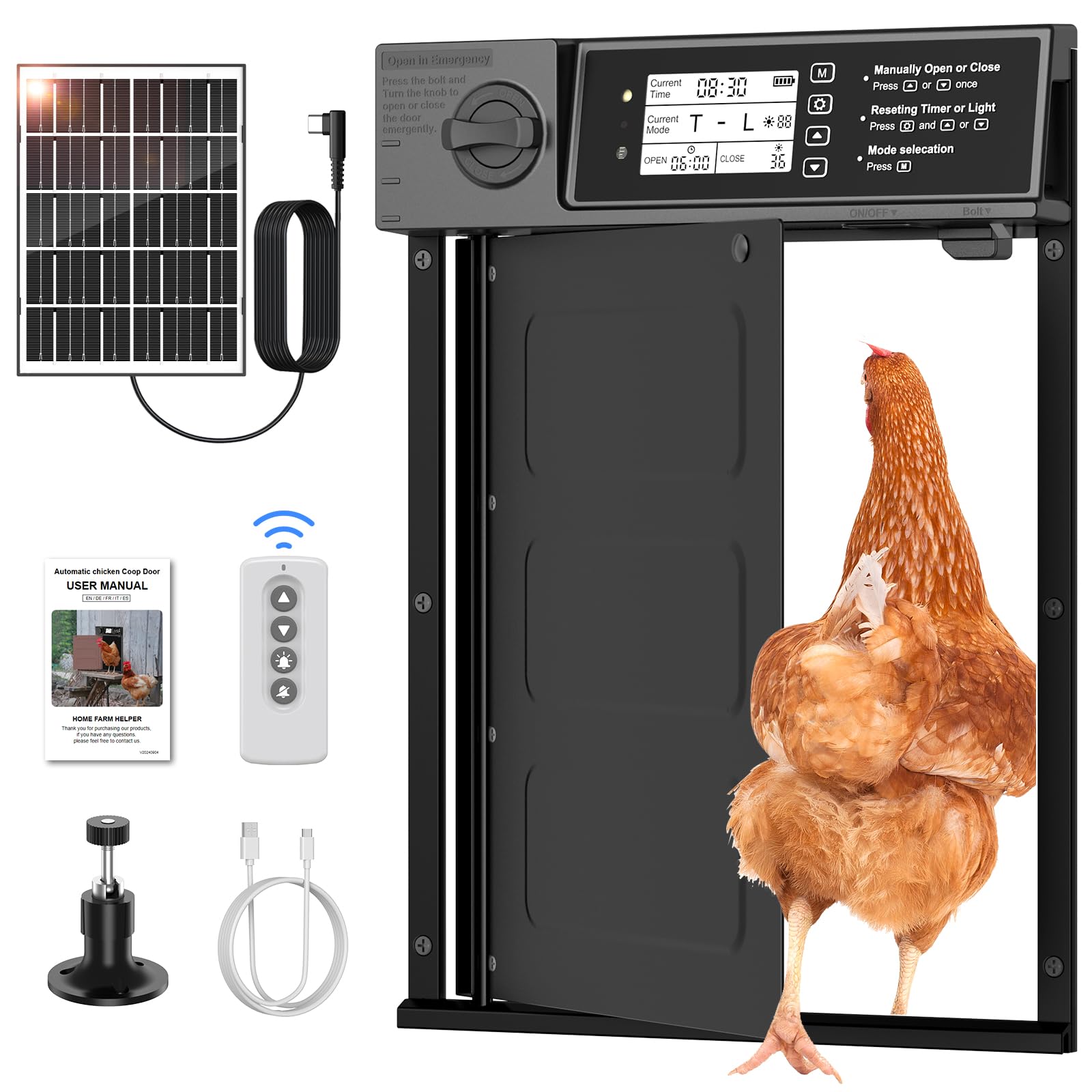 Solar Powered Automatic Chicken Coop Door with Timer & Light Sensor - Smart Poultry Door Opener with Obstacle Detection & Remote Control for Safe Chicken Keeping | Ideal for Backyard Farms, Homesteads & Poultry Enclosures (Black)