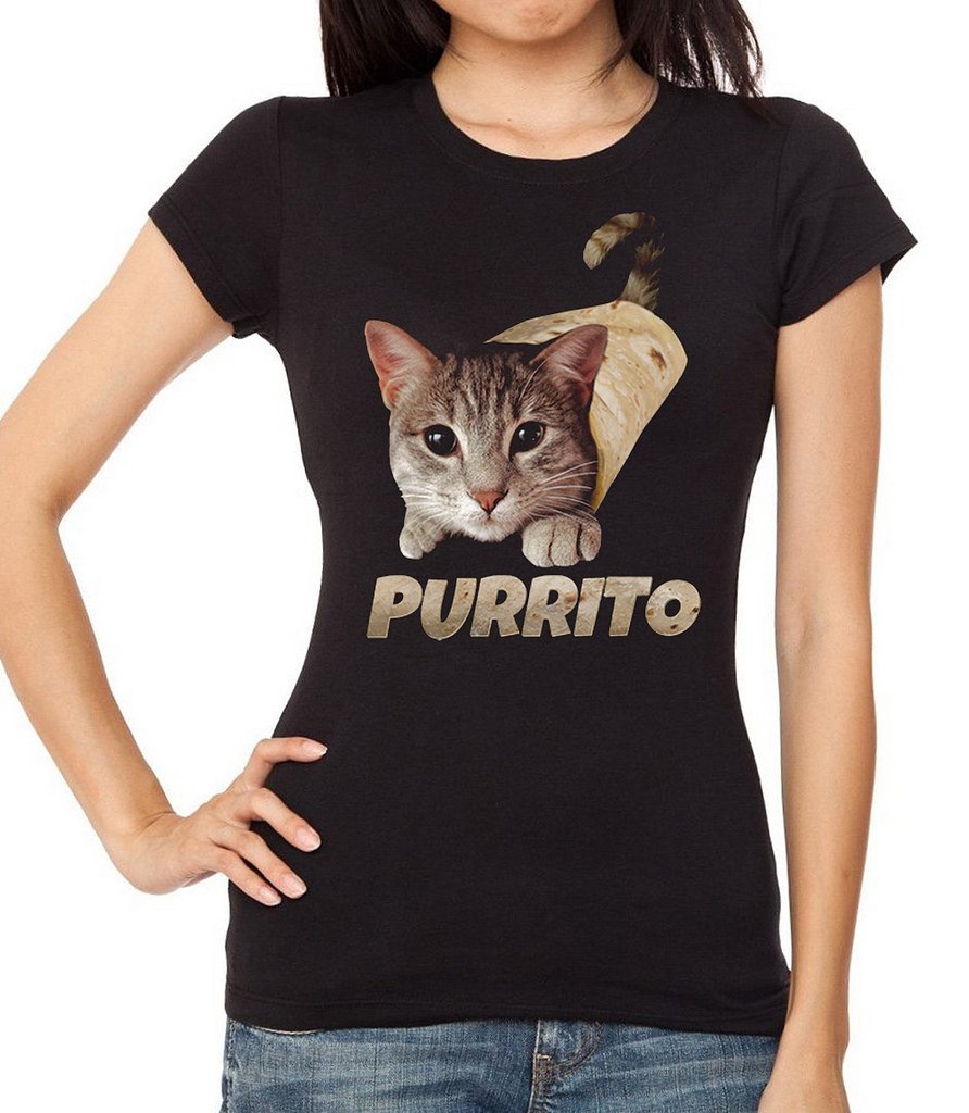 Junior's Cat Purrito Burrito Black T-Shirt | Funny Cat Lover Tee | Cute Kitten Wrap Design | Perfect Gift for Cat Owners & Animal Lovers | Casual Wear & Cat-Themed Parties
