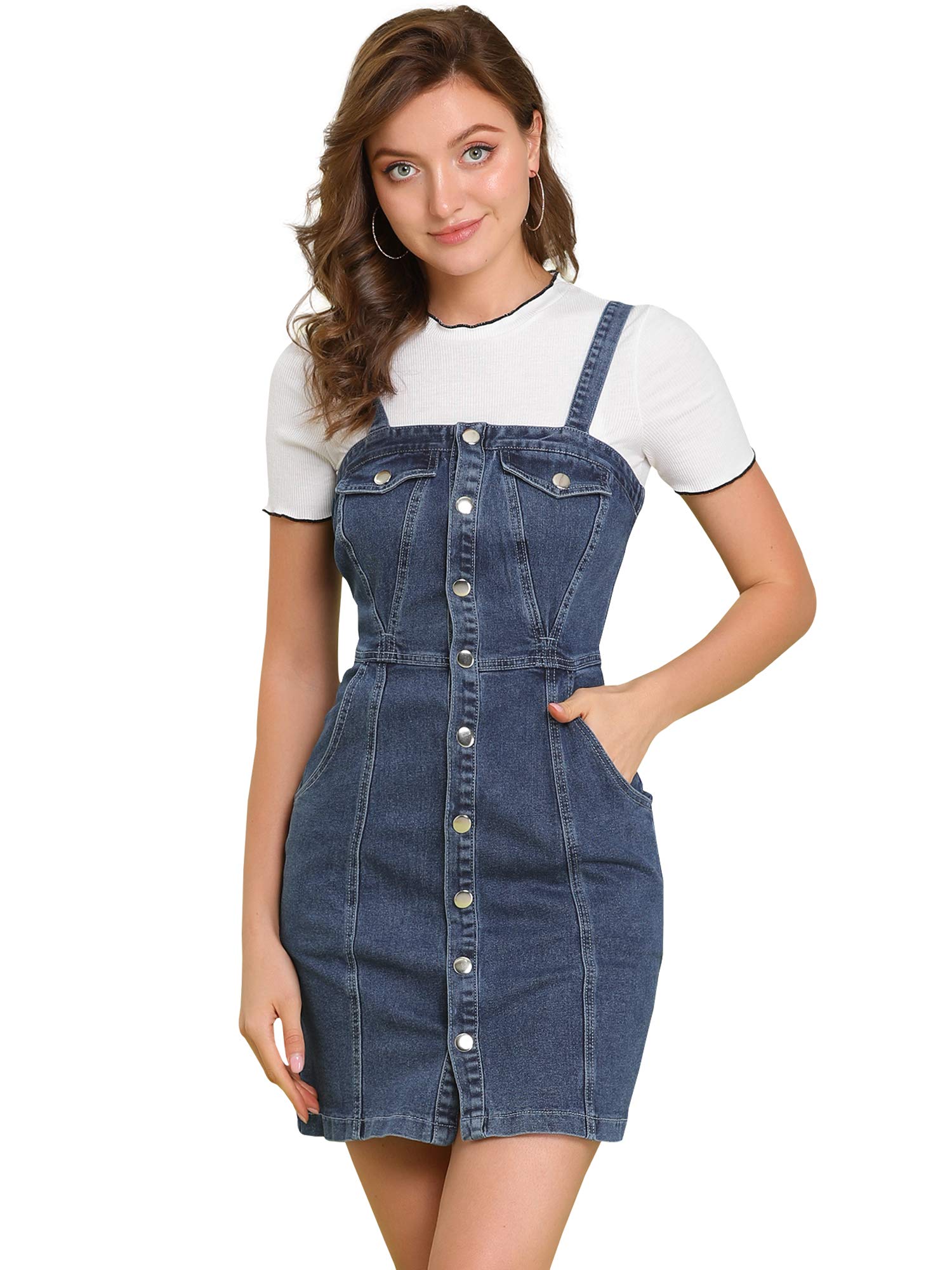 Allegra K Women's Denim Mini Dress with Button Front & Adjustable Straps - Casual Summer Outfit for Brunch, Shopping, and Outdoor Activities