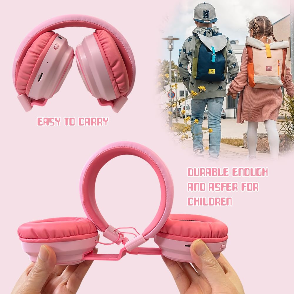 Bluetooth 5.3 Wireless Kids Headphones - 60H Playtime, Volume Limited 85/110dB, Over-Ear Foldable Design with Aux Cable & Mic - Perfect for School, Travel, iPad, Tablet, Notebook (Pink) - Ideal for Online Classes, Airplane Trips & Home Learning