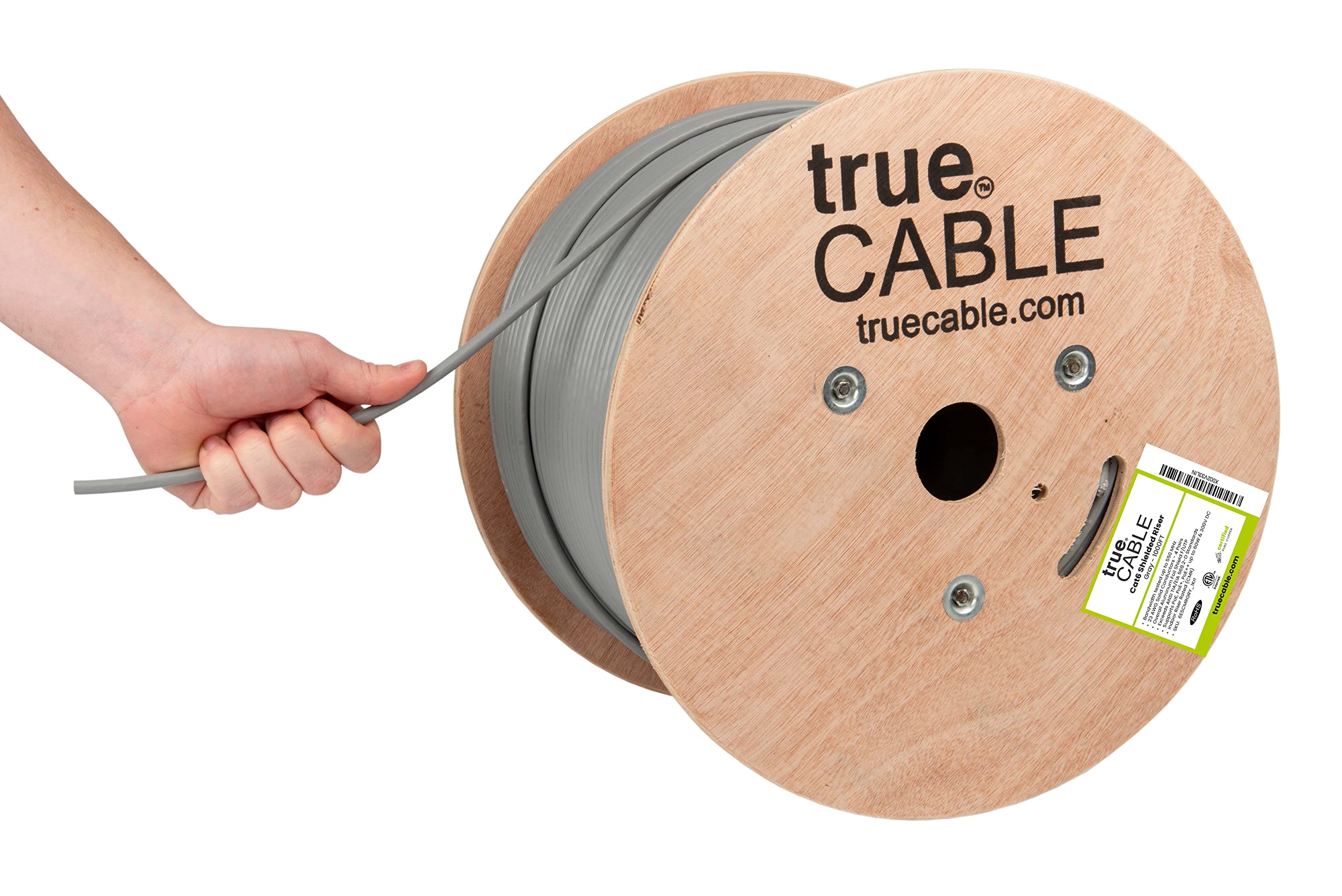 TrueCABLE Cat6 Shielded Riser (CMR) Bulk Ethernet Cable - 1000ft Gray, 23AWG Solid Bare Copper, 550MHz, PoE++ (4PPoE), ETL Listed, F/UTP Shield - Ideal for High-Speed Networking, Data Centers, and PoE Applications