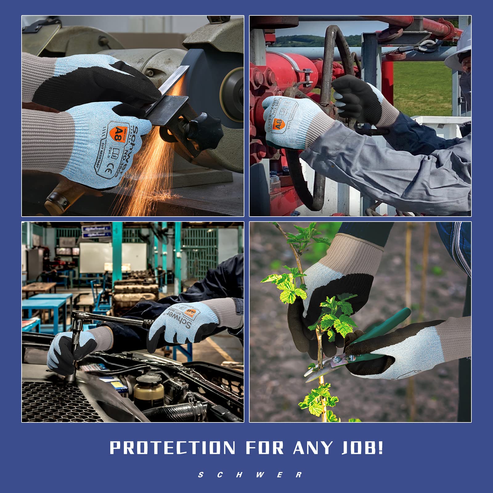 ANSI A8 Cut Resistant Work Gloves - Heavy Duty Protection with Strong Grip, Durable & Anti-Slip for Construction, Metalworking & Food Processing (Blue, Large) - Ideal for Industrial Safety & Sharp Object Handling
