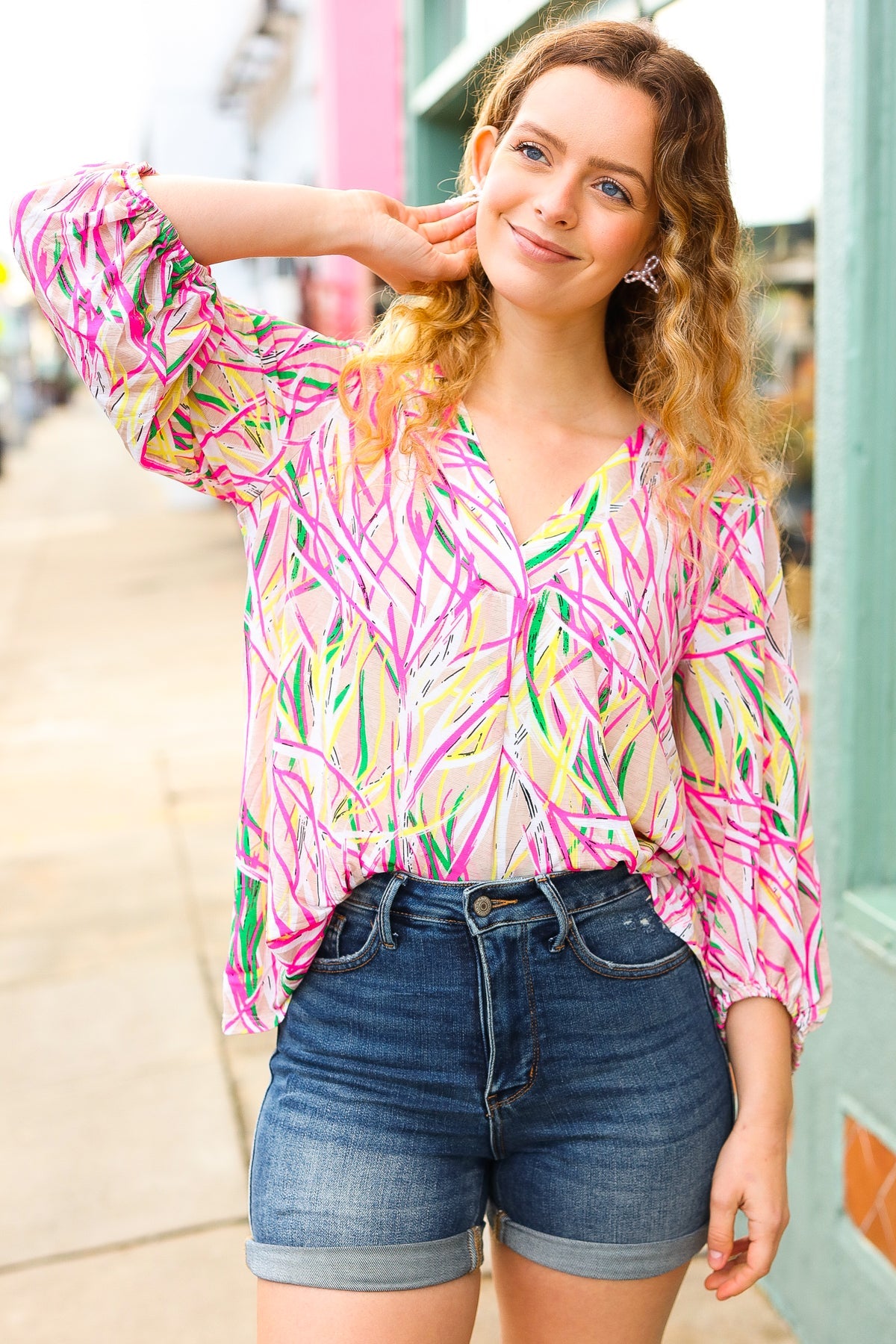 Stylish Fuchsia & Yellow Abstract Print V-Neck Top for Women | Trendy Casual Blouse for Summer Outfits, Parties & Office Wear