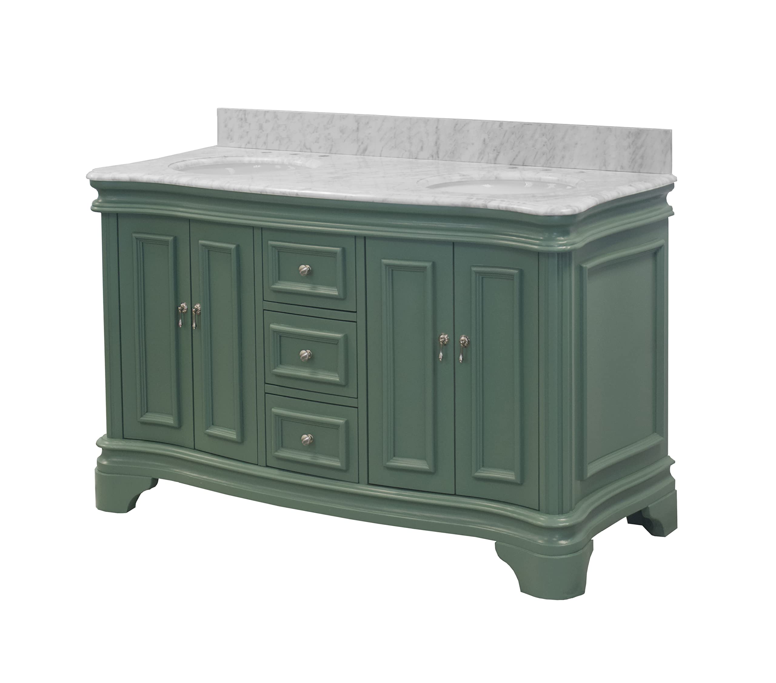 Katherine 60-inch Double Bathroom Vanity with Carrara Marble Top & Sage Green Cabinet - White Ceramic Sinks Included | Modern Bathroom Storage Solution for Master Bath & Guest Bath Renovation