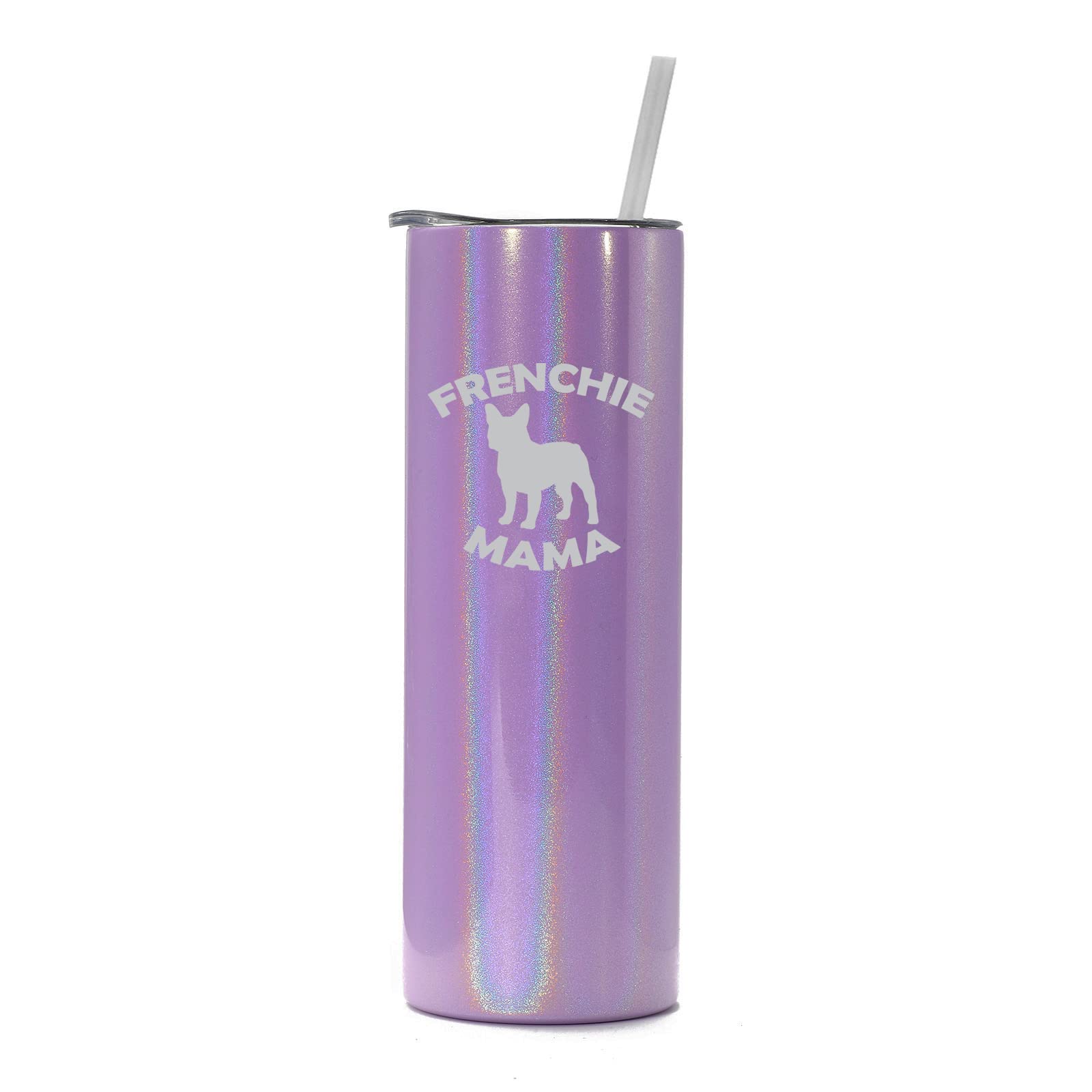 20 oz Skinny Tall Stainless Steel Vacuum Insulated Tumbler with Straw - French Bulldog Design (Purple Iridescent Glitter) - Perfect Travel Mug for Coffee, Tea & Cold Drinks at Work, Gym or On-The-Go