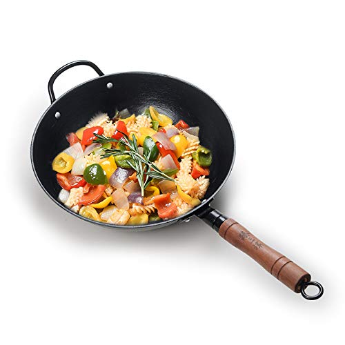 ZhenSanHuan Premium Cast Iron Wok Pan - 14.1 Inch Flat Bottom, No Chemical Coating, Induction Compatible - Perfect for Stir Frying, Searing & Asian Cooking