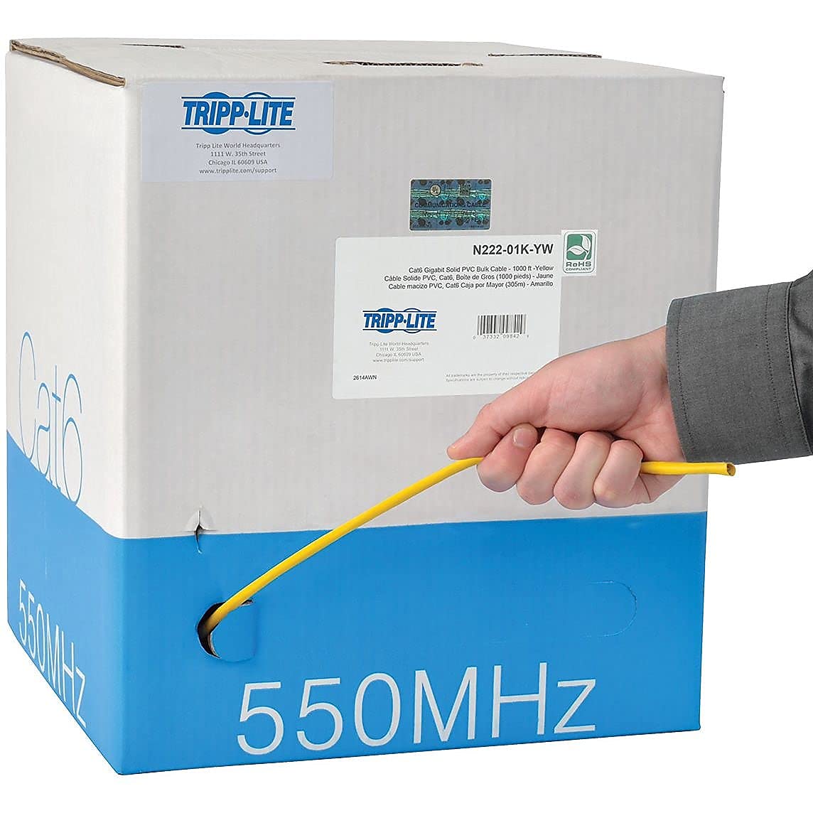 TRIPP LITE Cat6 Ethernet Cable 1000ft Bulk - Solid Core, CMR-Rated PVC, Gigabit Speed, Yellow (N222-01K-YW) - Ideal for Home Networking, Office Installations, and Data Center Wiring