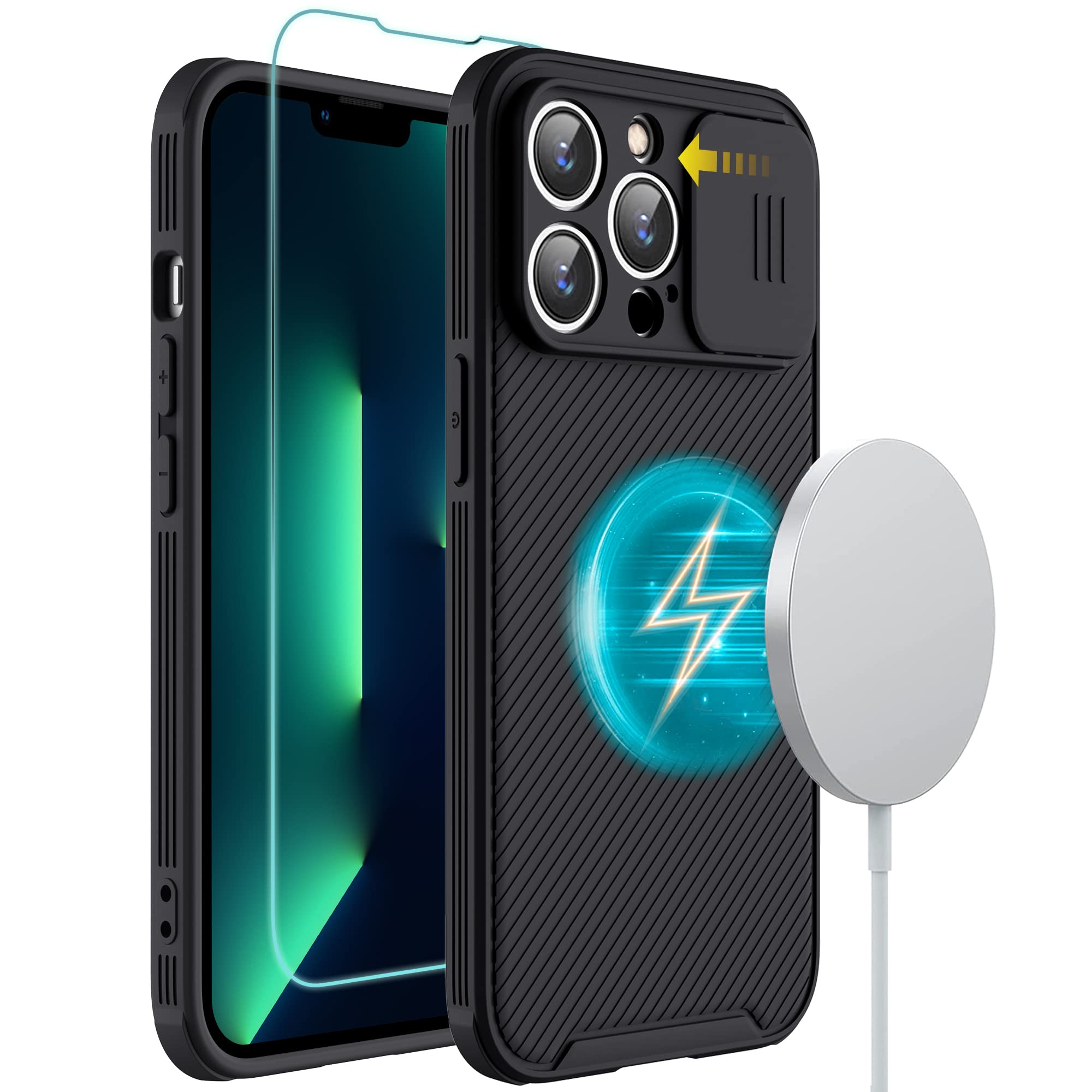 iPhone 13 Pro Magnetic Case with Camera Cover & Screen Protector | Slim Fit Shockproof Silicone Cover | Magsafe Compatible | Anti-Fingerprint & Scratch Resistant | Matte Black | Perfect for Work, Travel & Outdoor Activities