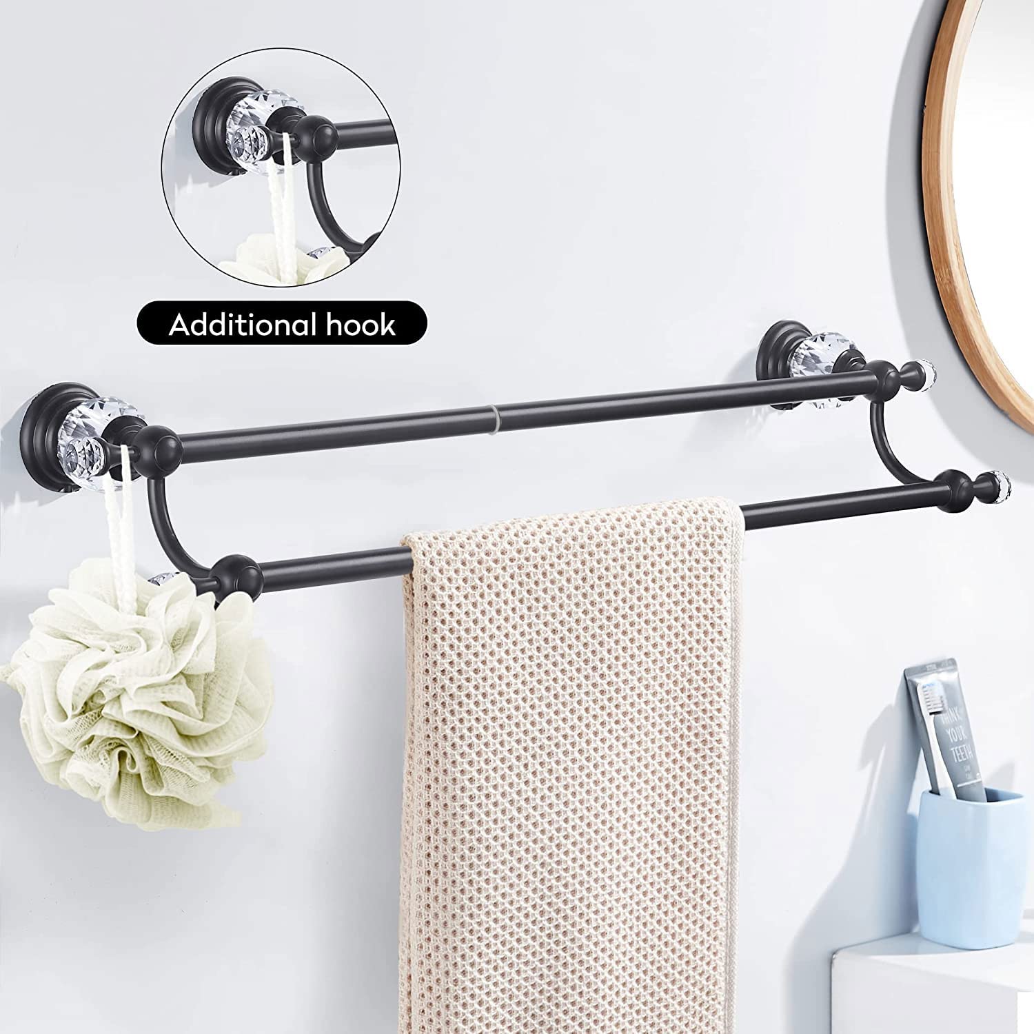 WINCASE Adjustable Double Matte Black Towel Rack - Wall Mounted Bathroom Towel Holder & Hanger for Showers, Baths & Spa Decor (Crystal Design)