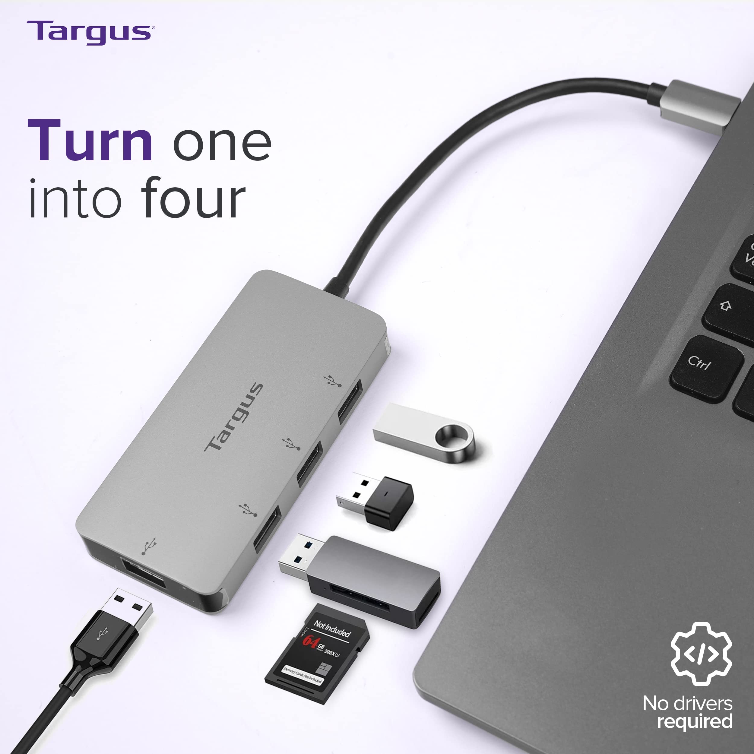 Targus USB-C to 4-Port USB-A Hub - Universal Laptop Adapter for MacBook, Chromebook, Windows - Portable Silver (ACH226EU) - Perfect for Office, Travel & Home Workspace Connectivity