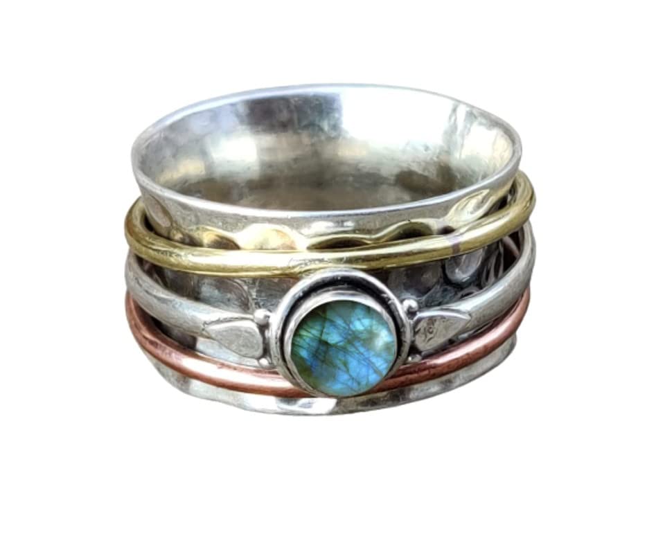 Labradorite Gemstone Spinner Ring for Women - Handmade Silver Meditation & Anxiety Spinning Ring - Stress Relief Jewelry for Yoga, Mindfulness & Daily Wear