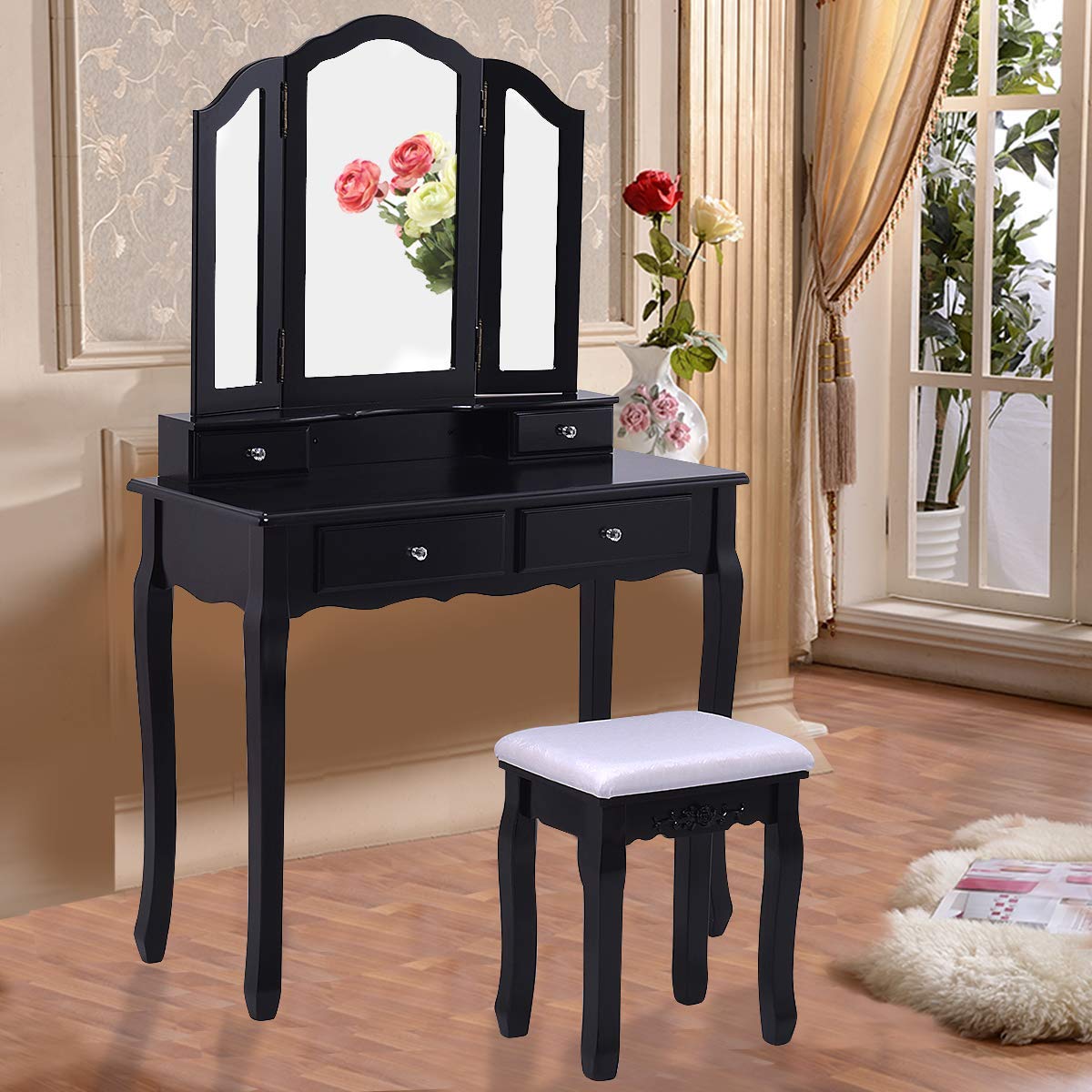 Casart Black Tri-Folding Mirror Bathroom Vanity Makeup Table with Stool Set - 4 Drawers Storage, Space Saving Dressing Table for Bedroom, Bathroom & Home Decor (Perfect for Makeup, Skincare & Jewelry Organization)