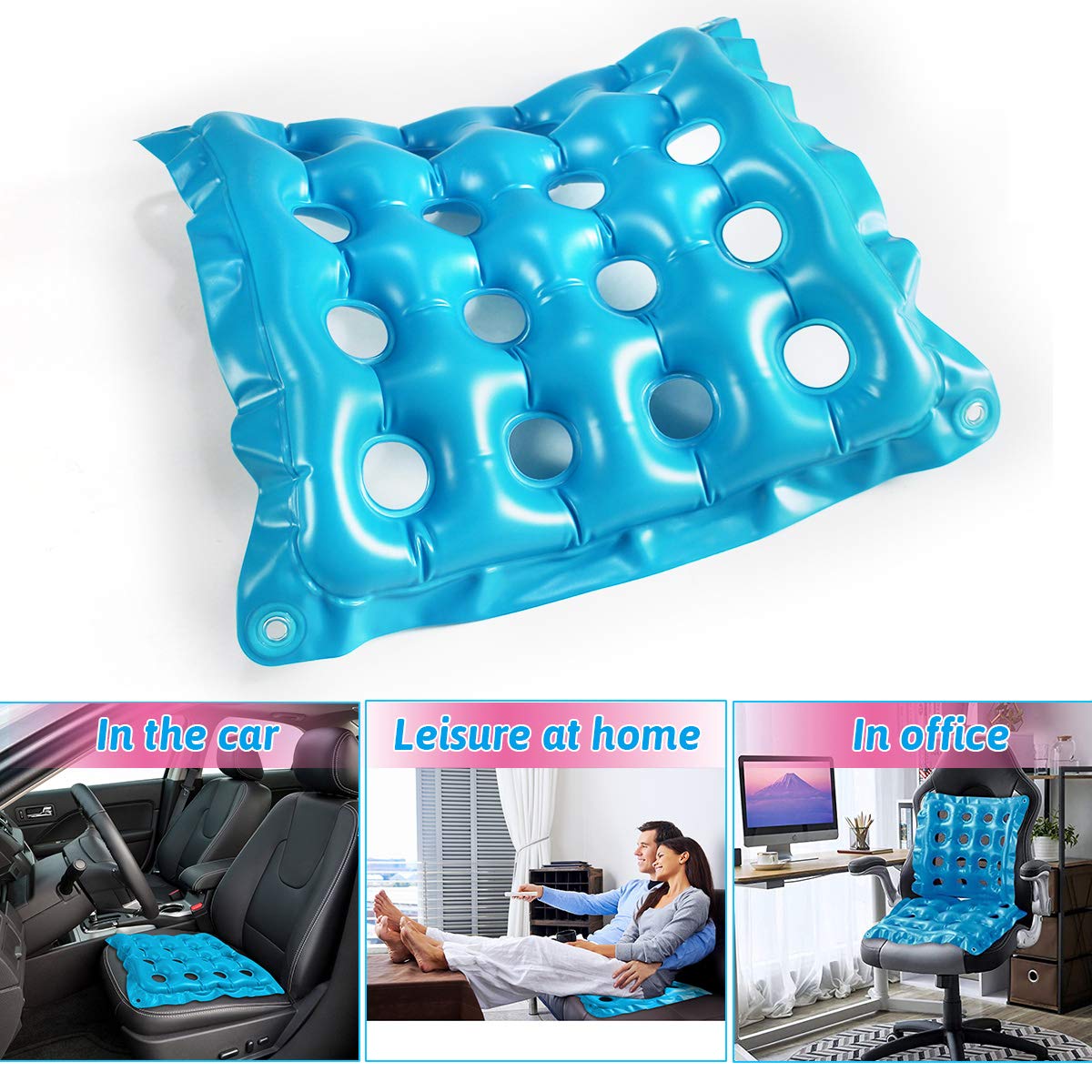 **Breathable Office Chair Cushion with Air Vent - Adjustable Air/Water Filling for Comfort - Ideal for Office Chairs & Wheelchairs (Blue, 19 Inch) - Perfect for Long Work Hours & Ergonomic Support**