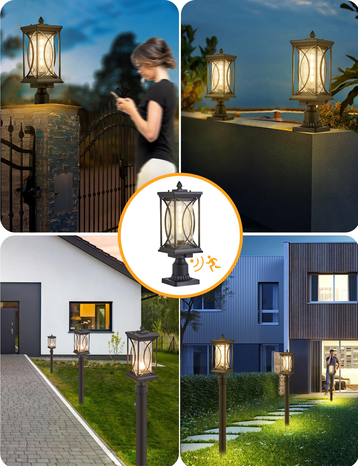 Motion Sensor Outdoor Post Lantern - Dusk to Dawn Automatic Pillar Light with 3