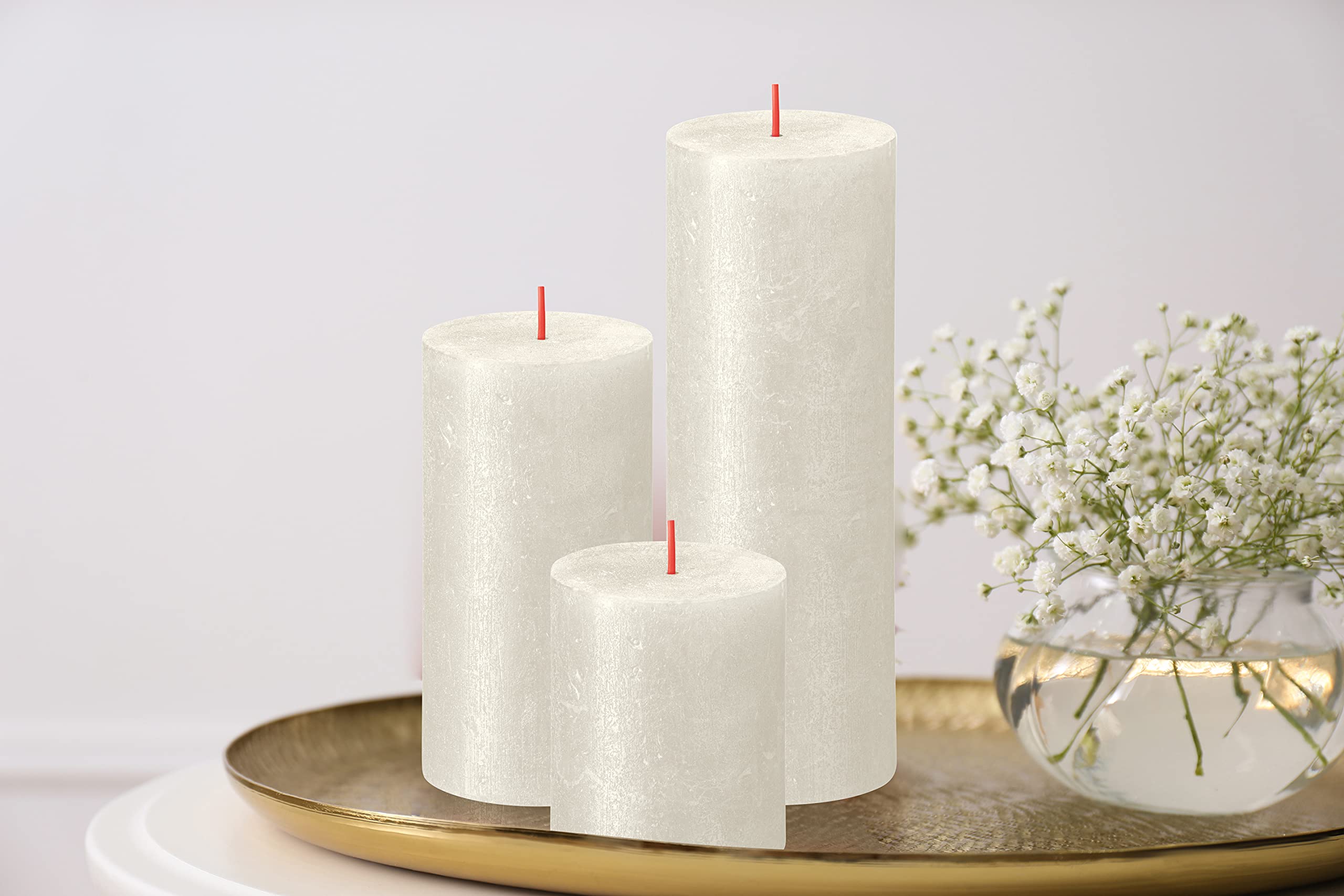 BOLSIUS Ivory Shimmer Metallic Pillar Candles 4 Pack - 2.75 x 3.25 Inches Unscented Dripless Candles - Premium European Quality Plant-Based Wax - 35 Hour Burn Time for Weddings, Parties & Home Decor
