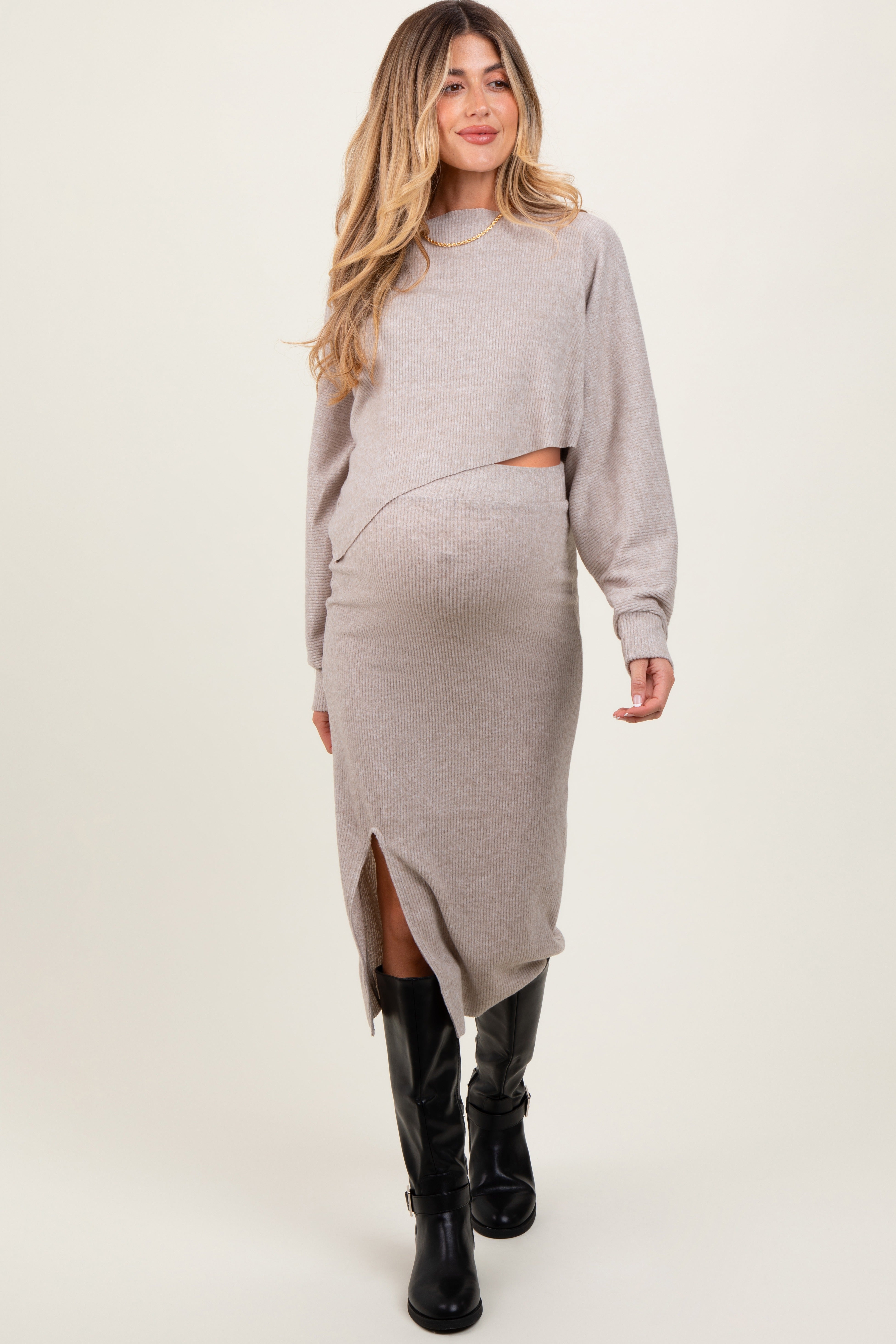 Beige Ribbed Knit Asymmetric Top & Midi Skirt Maternity Outfit Set - Comfortable Stretchy Pregnancy Clothes for Casual Wear & Maternity Photos