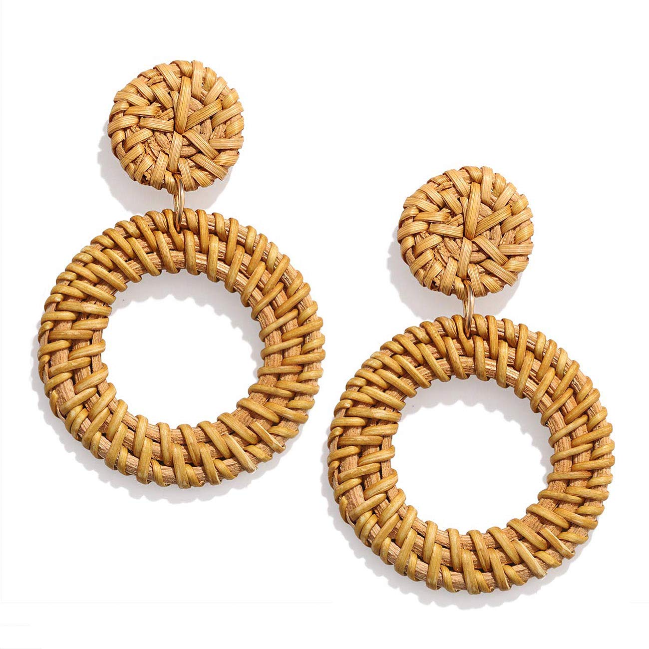CEALXHENY Lightweight Woven Rattan Earrings - Bohemian Handmade Straw Braided Dangle Earrings for Women | Perfect for Summer Festivals, Beach Vacations & Boho Fashion
