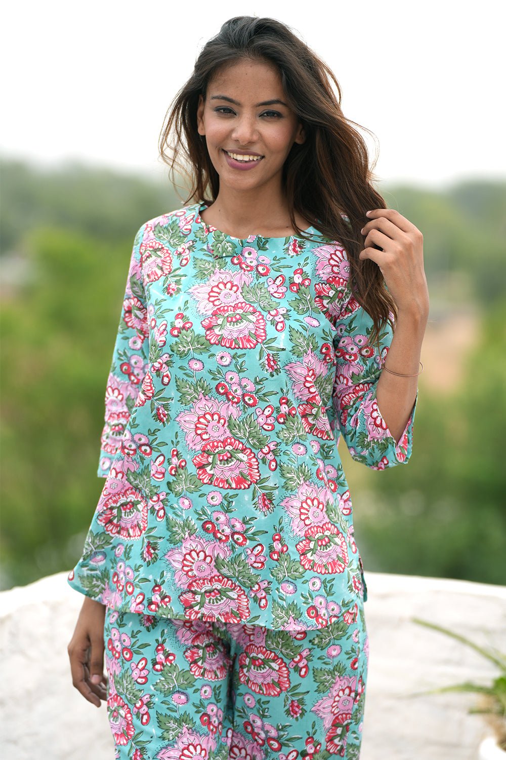 Bubblegum Frequencies Block Printed Night Suit - Soft Cotton Pajama Set for Women, Trendy Sleepwear with Unique Print Design | Perfect for Lounging, Sleepovers & Cozy Nights at Home