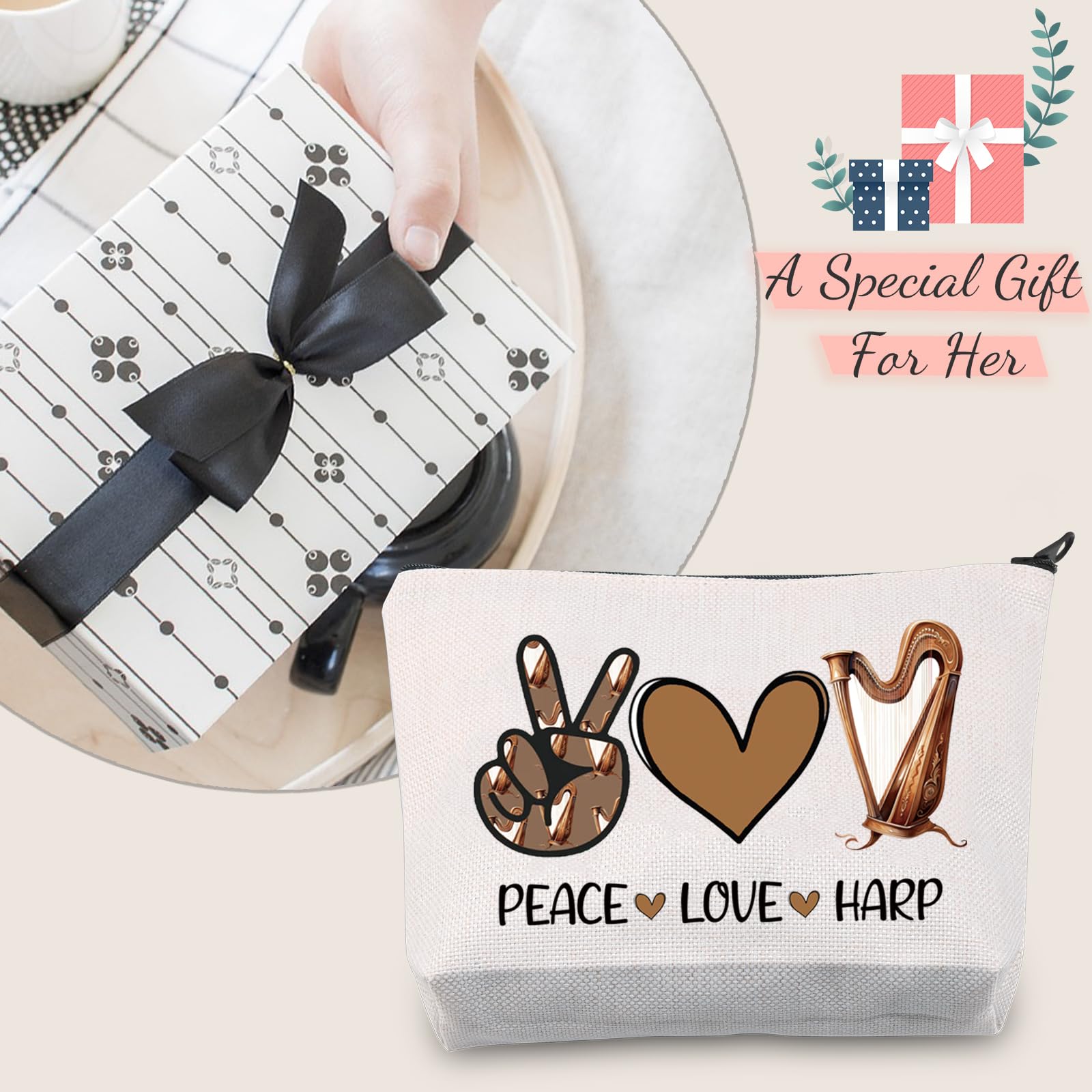 JXGZSO Harp-Themed Makeup Bag with Zipper - Perfect Musician Gift for Harp Lovers, Peace & Love Design Toiletry Pouch - Great for Travel, Cosmetics Storage & Music Festival Essentials