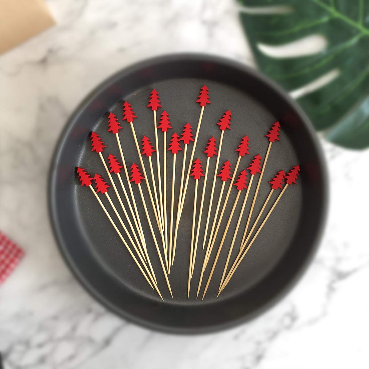 DOITOOL 100pcs Bamboo Cocktail Picks - Christmas Tree Shaped Bar Accessories, Reusable Fruit Skewers & Toothpicks for Holiday Parties, Cocktail Garnish & Appetizer Serving