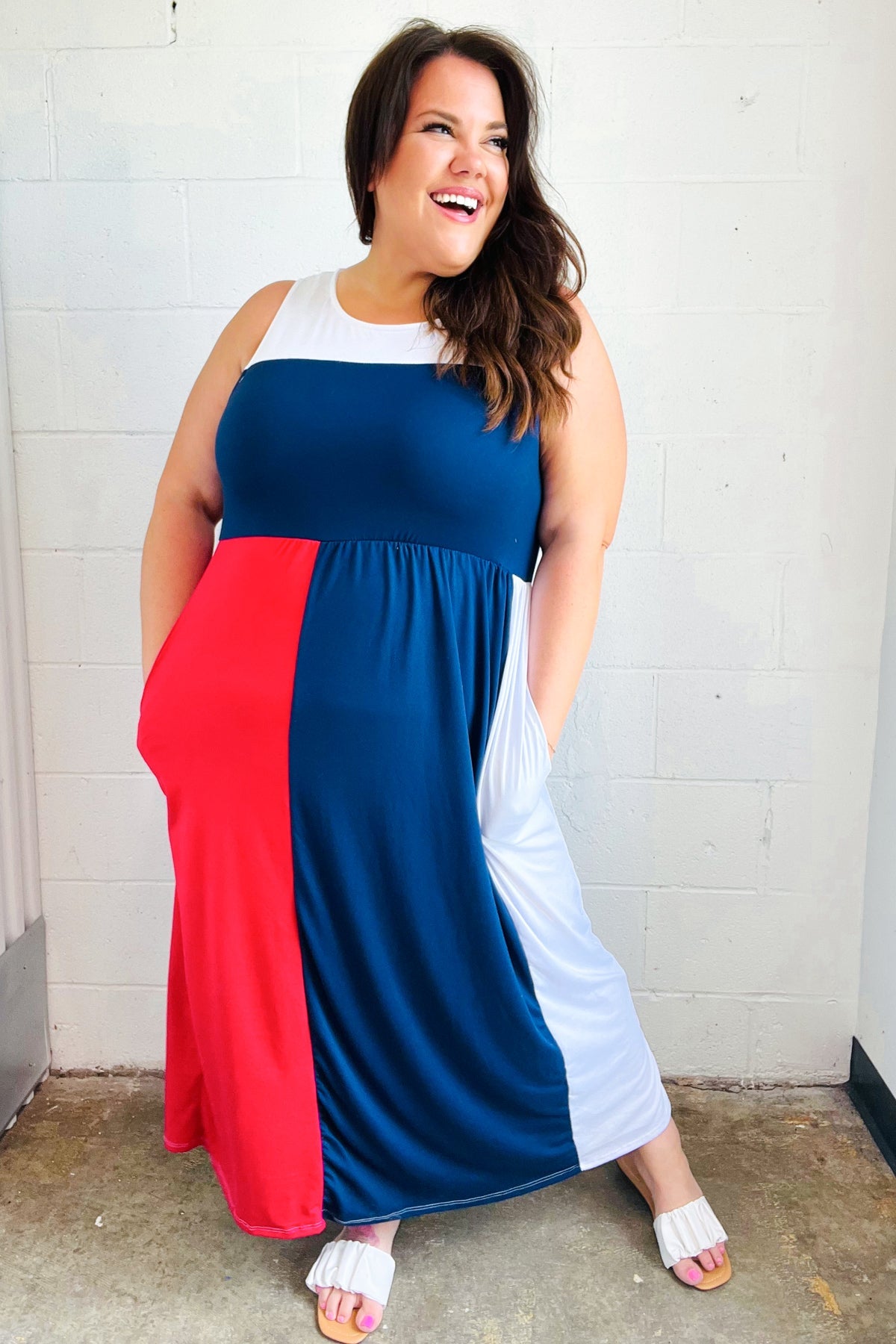 American Flag Color Block Fit & Flare Maxi Dress for Women - Perfect for 4th of July, Memorial Day & Patriotic Events