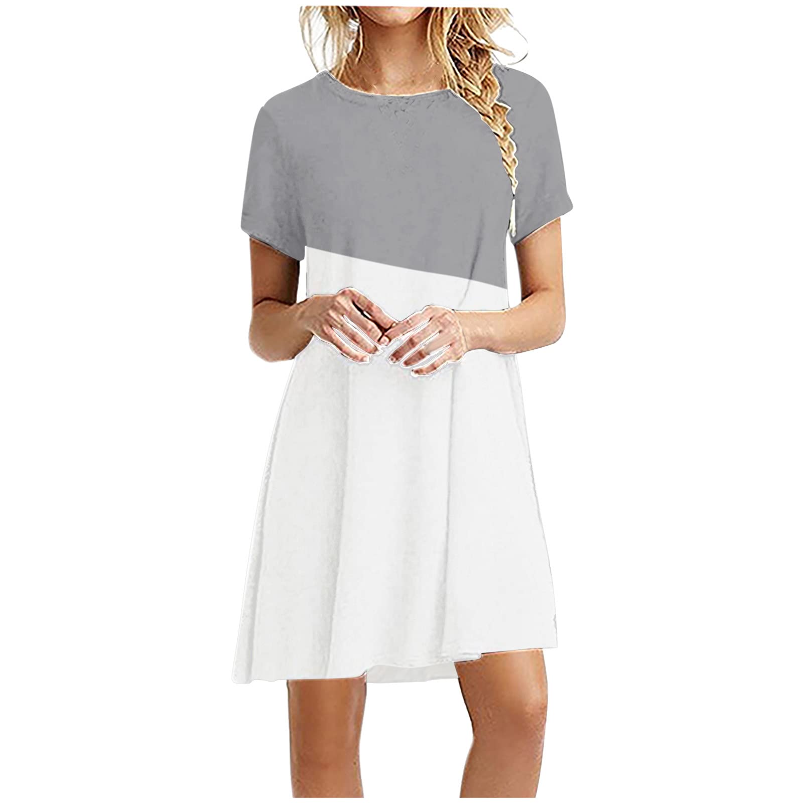 Twoker Women's Summer Casual O-Neck Short Sleeve Patchwork Loose Mini Dress - Comfortable Flowy Sundress for Beach, Vacation & Daily Wear