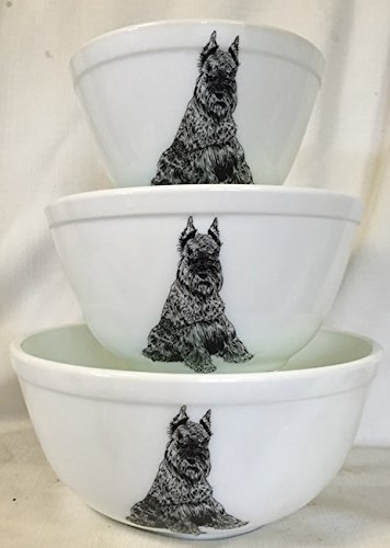 Premium 3-Piece Mixing & Nesting Bowls Set - Handmade in USA by Mosser - Vintage Milk Glass with Schnauzer Dog Design - Perfect for Baking, Cooking & Kitchen Decor