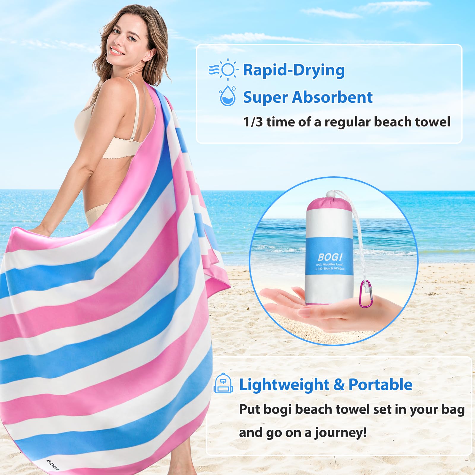 BOGI Microfiber Beach Towel Set - Quick Dry, Lightweight & Absorbent Oversized Travel Towels (Size L, XL) - Sand Proof Compact Pool Towels for Beach, Swim, Gym, Yoga & Outdoor Activities