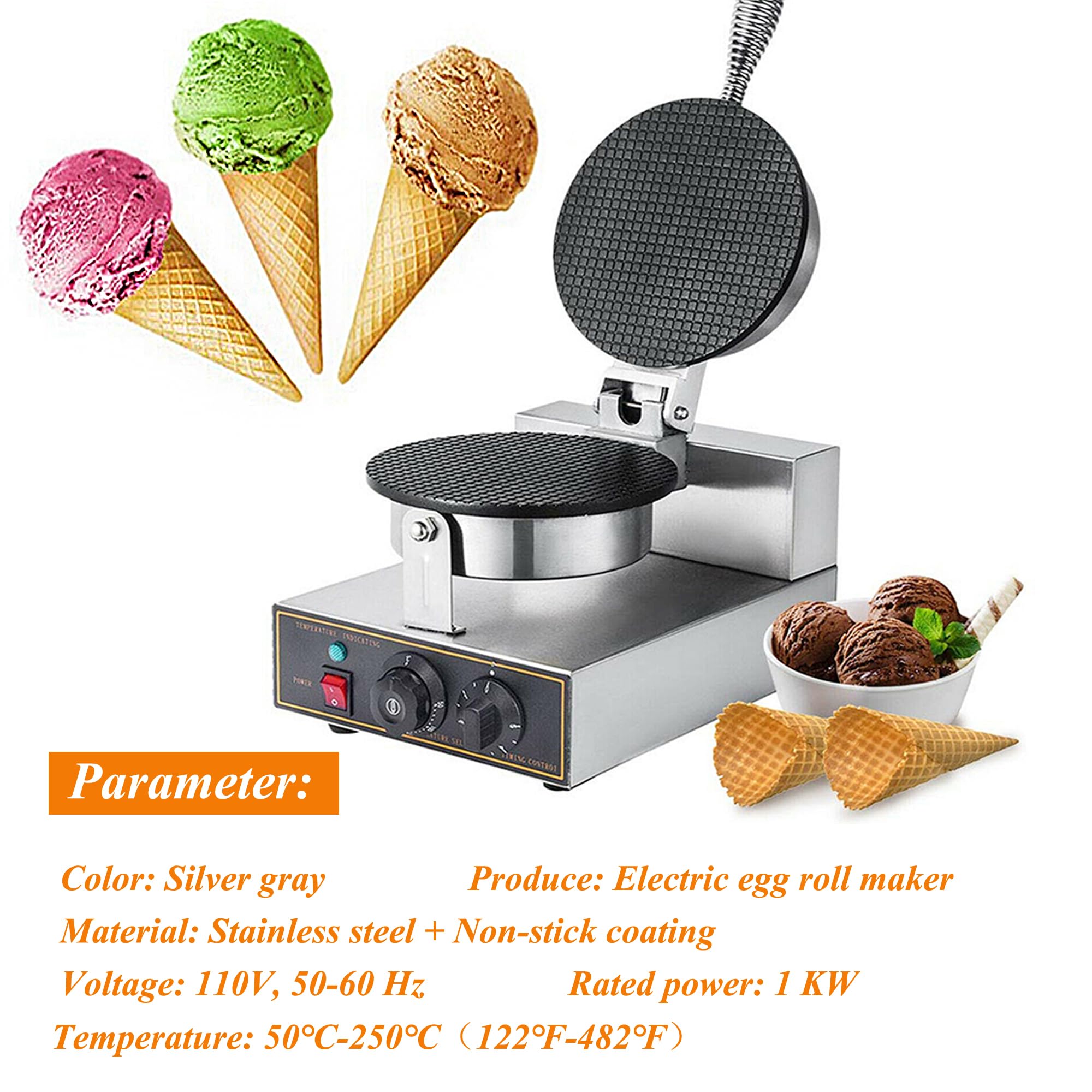 Electric Ice Cream Cone Maker Machine - Nonstick Waffle Cone & Egg Roll Maker with Timer, 110V Stainless Steel Single Head - Perfect for Home Desserts, Parties & Ice Cream Shops