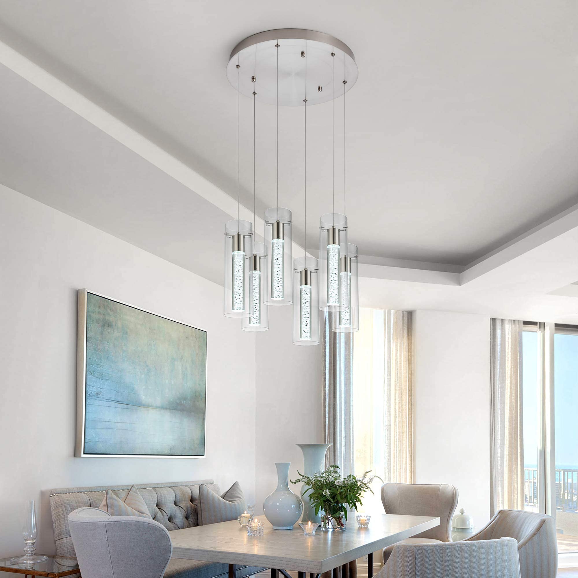 Modern Crystal Bubble Glass Pendant Lights - 6-Light Dimmable LED Kitchen Island Lighting Fixture (48W) for Dining Room, Restaurant & Home Decor - Elegant Ceiling Hanging Lights for Modern Interiors