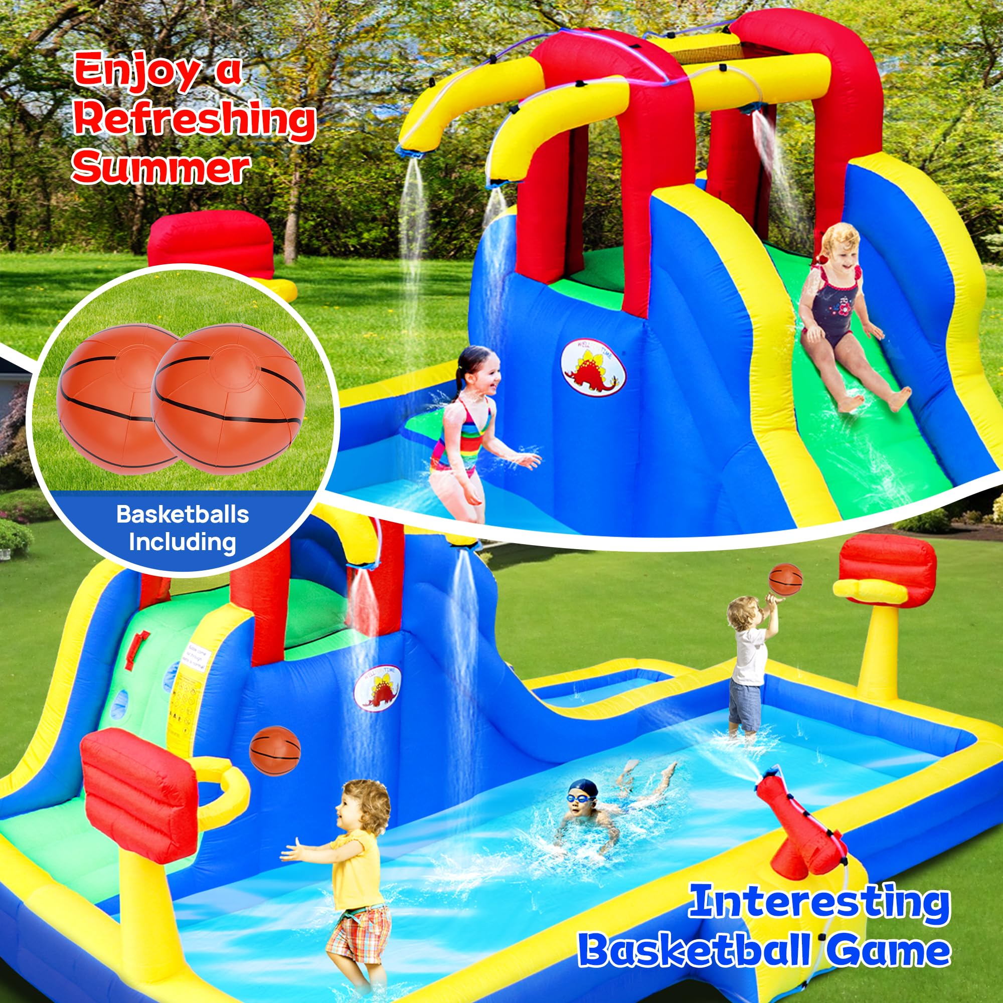 Inflatable Water Park with Blower - Bounce House with Water Cannon & Double Basketball Hoops for Kids Outdoor Summer Party, Backyard Pool Fun, and Birthday Celebrations