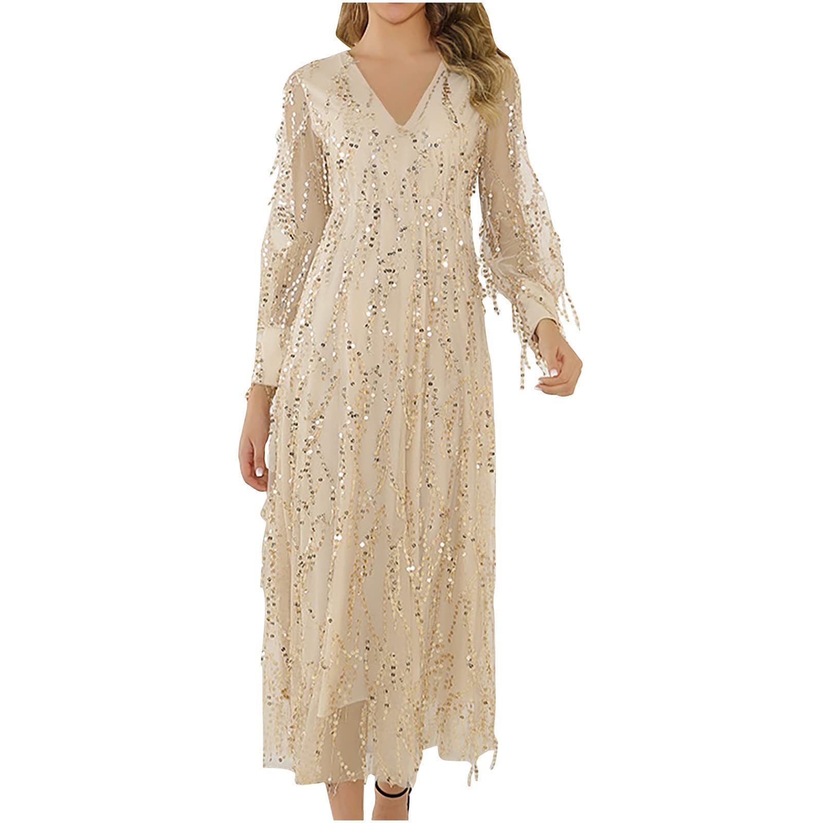 Elegant 2022 Women's Wedding Guest Dress - Sexy Long Sleeve V-Neck Prom Gown with Sequin & Lace Details for Cocktail Party, Evening Events & Special Occasions