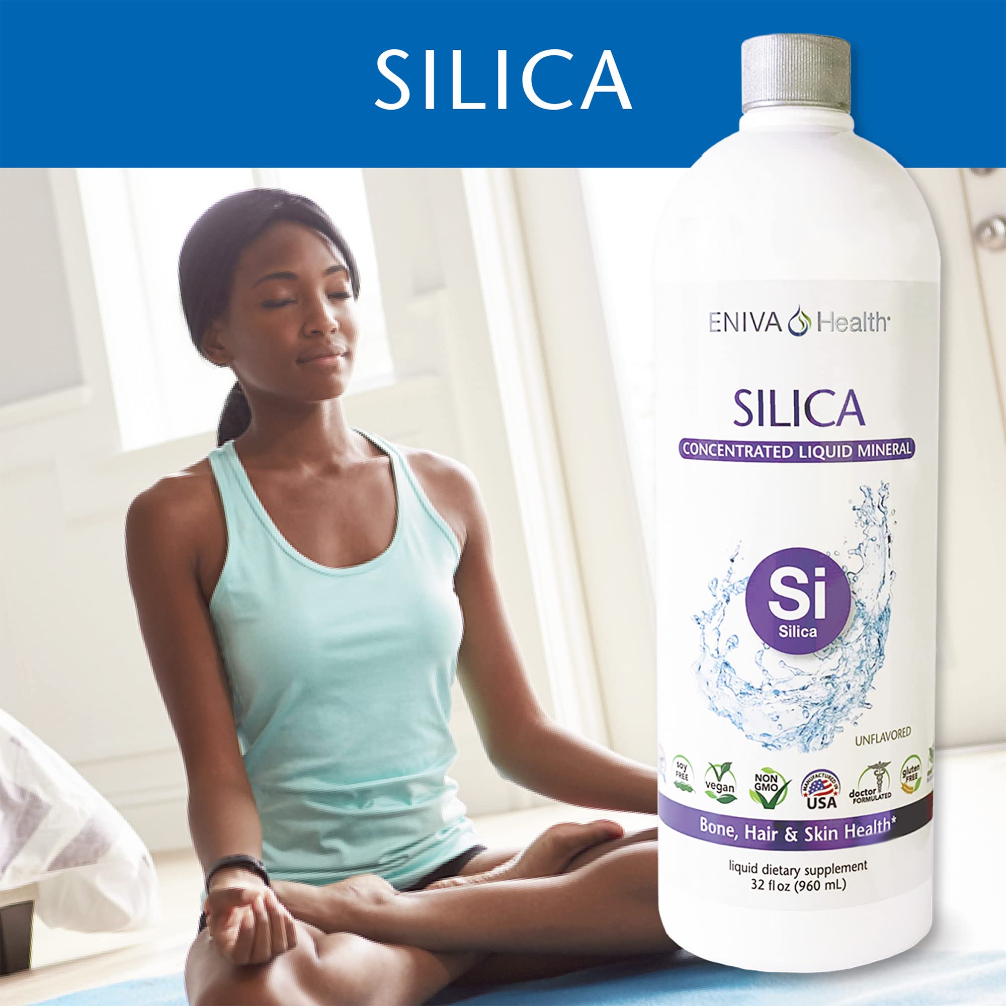 Eniva Health Liquid Ionic Silica Supplement - 2mg per Serving | Supports Collagen & Elastin Production for Joint, Bone, Skin, Hair & Nail Health | Keto & Gluten Free | 32 Servings | Ideal for Active Lifestyles & Anti-Aging Routines